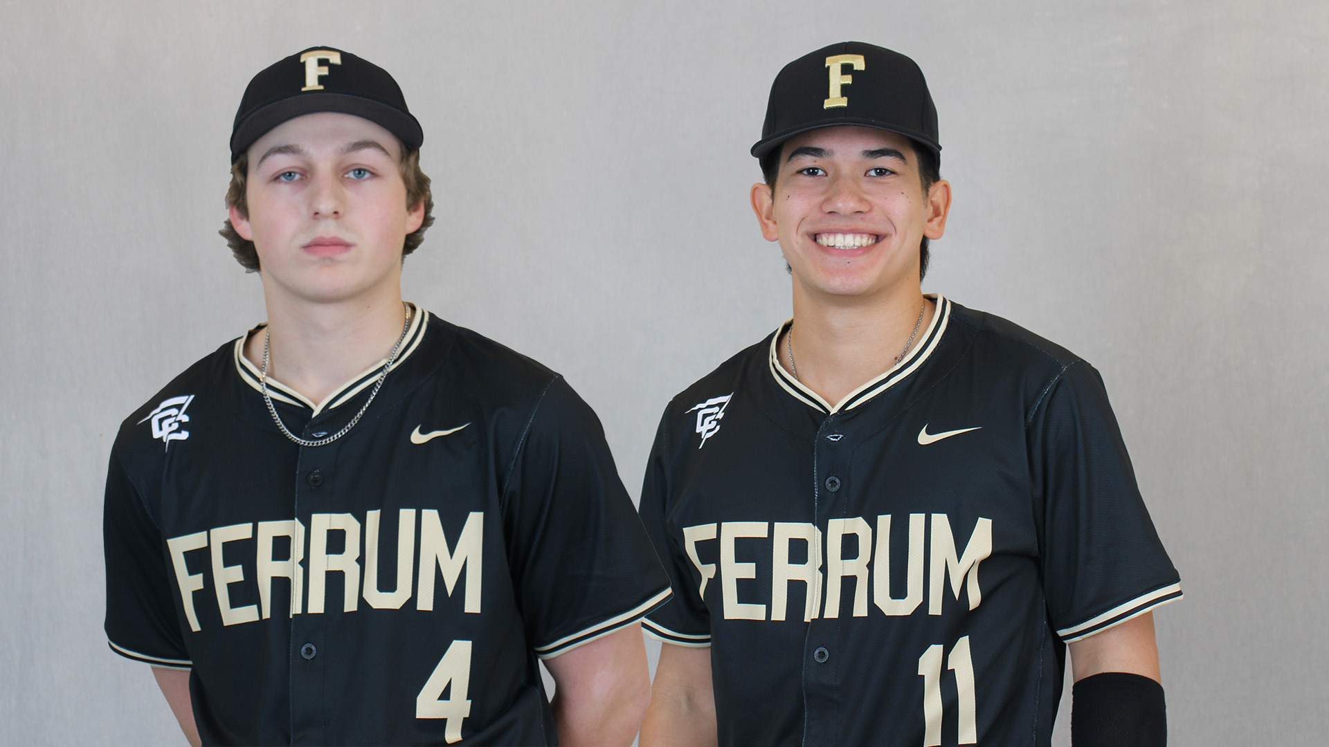 Hunter Carlson (left) and Colin Kim each had a homer in Ferrum's 14-9 loss to Chowan February 20, 2026 on the road. 
