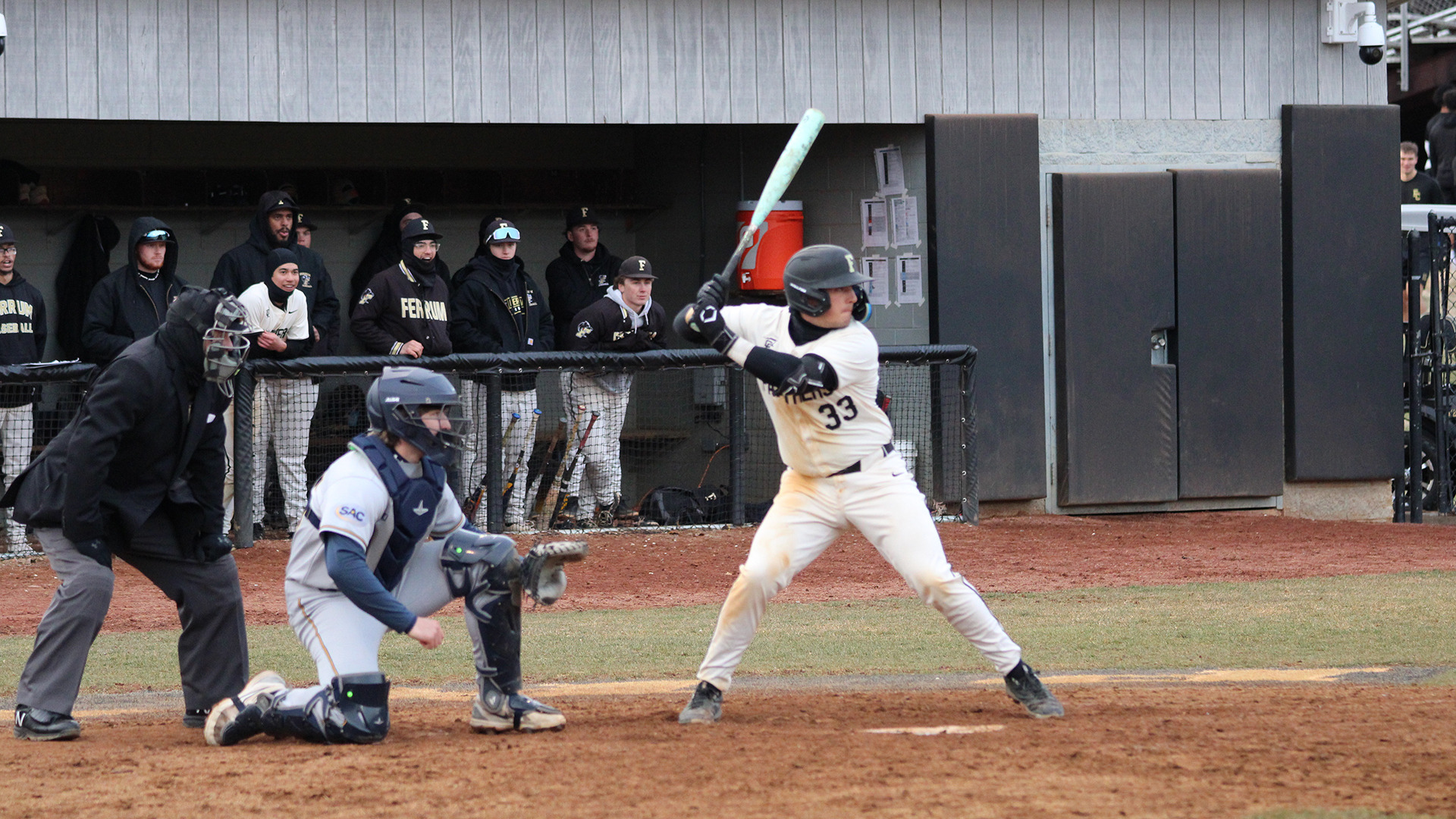 Garrett Pancione at the plate in Ferrum's 12-7 win over Emory & Henry February 24, 2026 at home. 