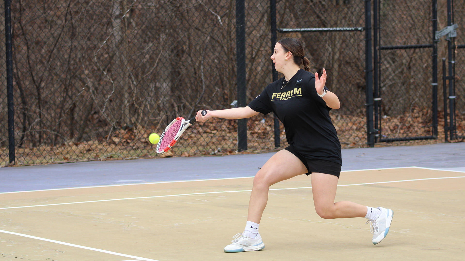 Ferrum's Olivia Eisenman hits a forehand in a home match on February 21, 2026.