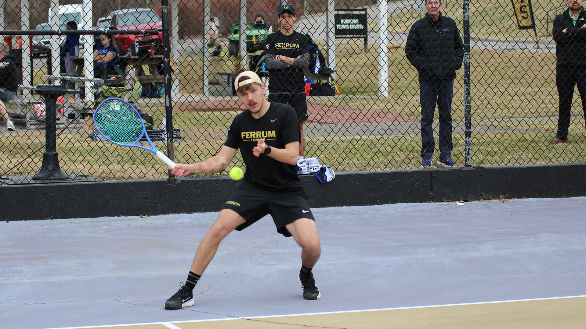 Ferrum's Tobi Teller hits a slice during a home match on February 21, 2026. 