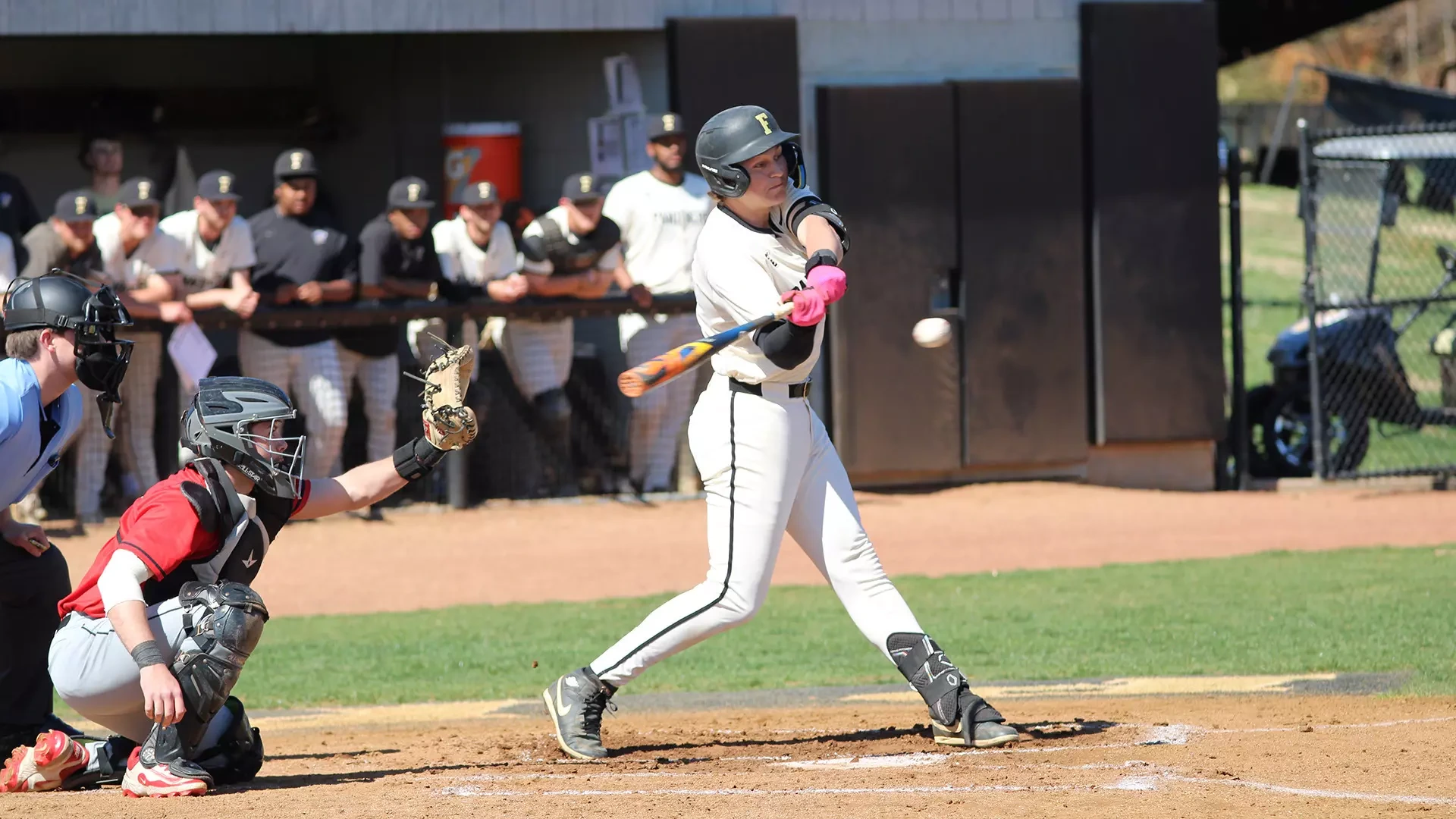 Hunter Carlson is about to make contact with a pitch during a home Ferrum baseball game on March 9, 2026. 