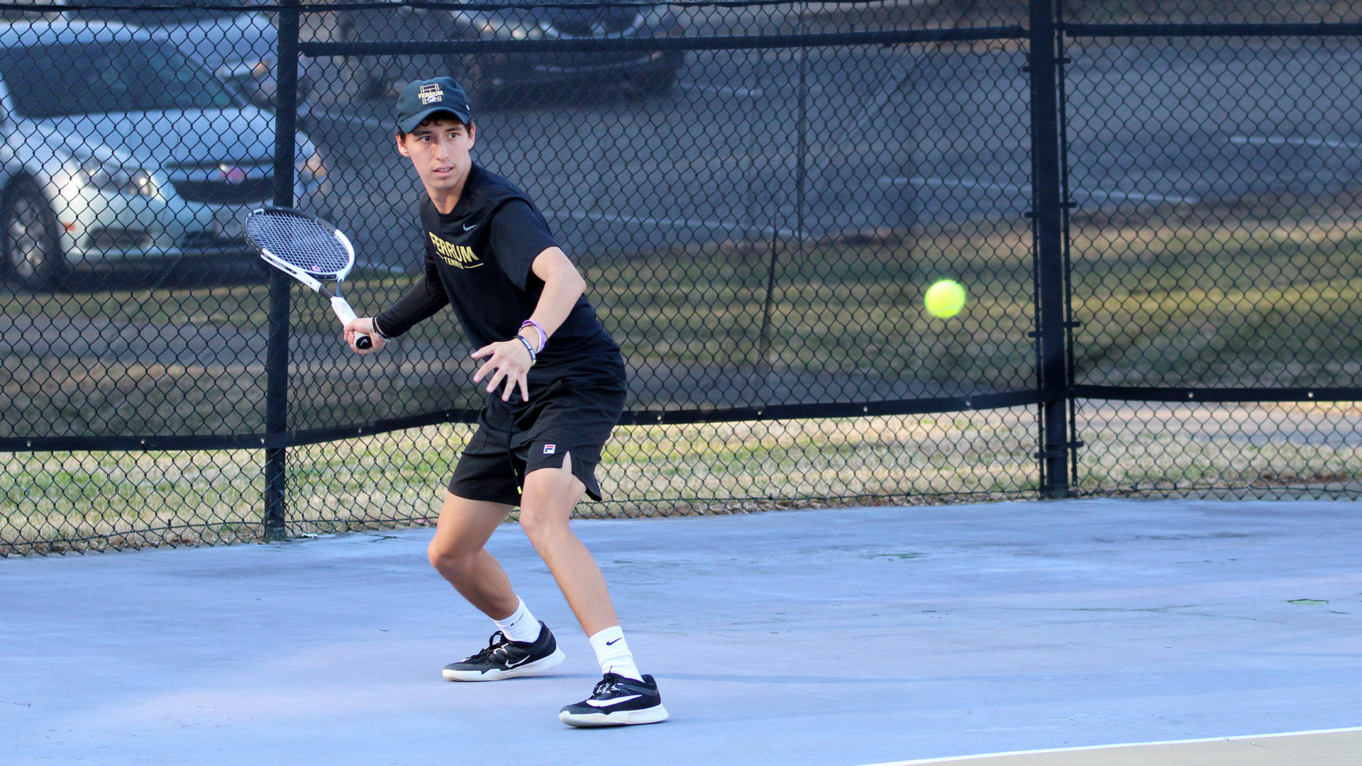Ferrum sophomore Emilio Munguia gets ready to hit a forehand in a home match on March 5, 2026. 