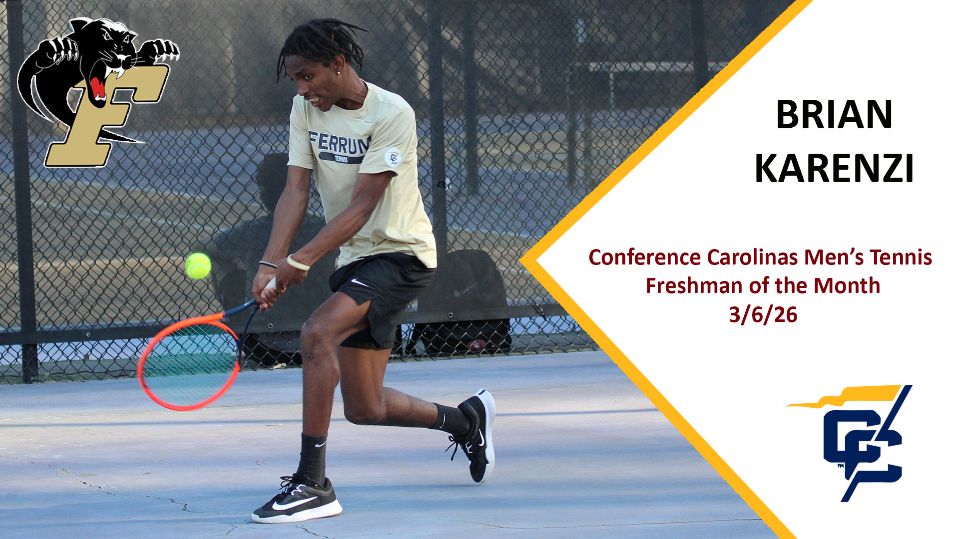 Ferrum College's Brian Karenzi was named Conference Carolinas Freshman of the Month on MArch 6, 2026.