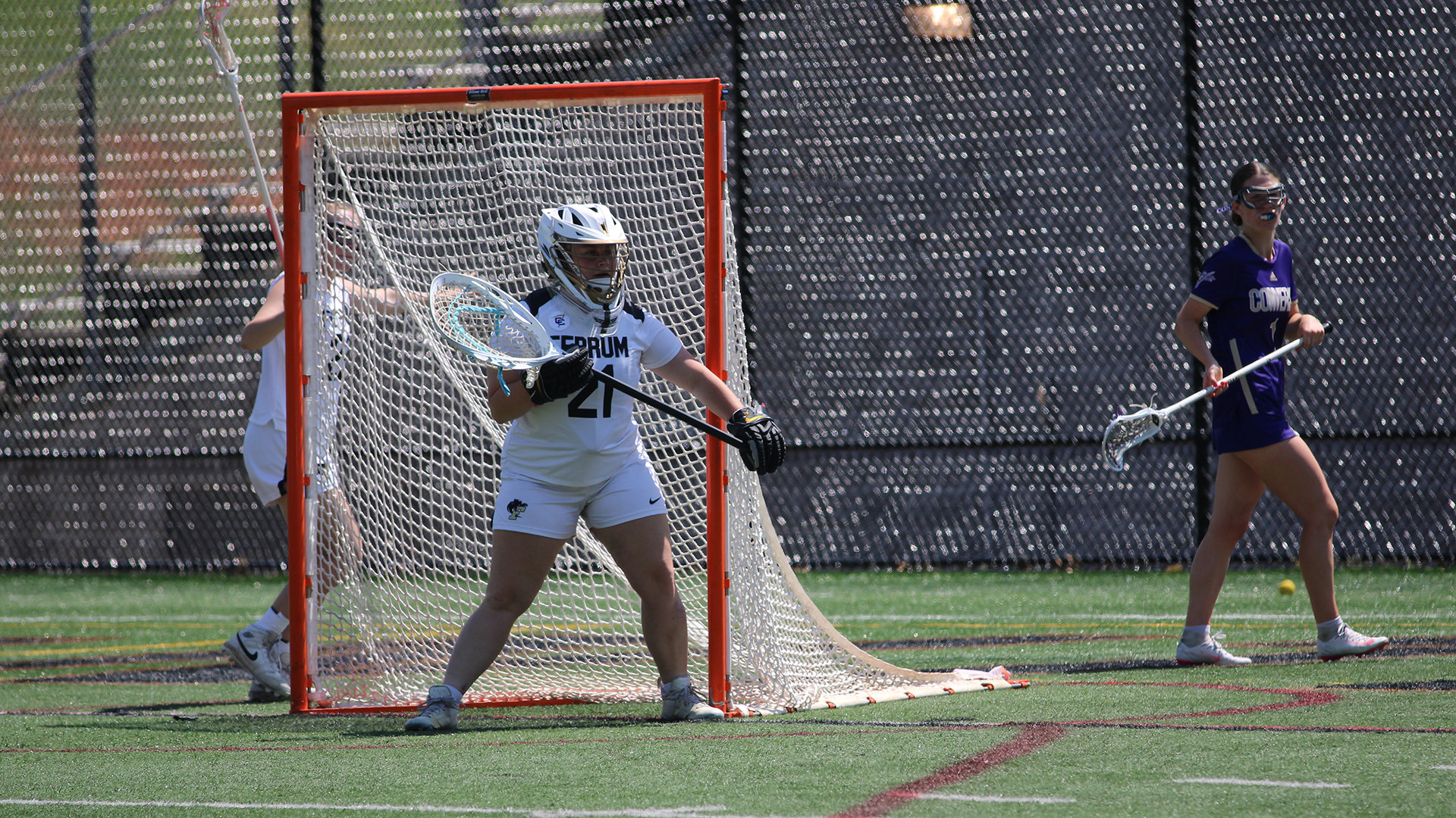 Faith Feazell guards the net in Ferrum's home game against Converse University April 11, 2026.