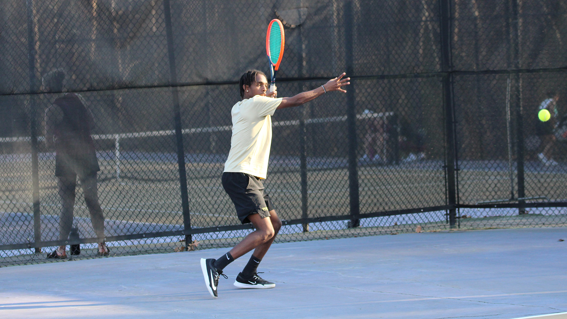 Ferrum's Brian Karenzi is about to smash a monster forehand in a home match on March 5, 2026. 