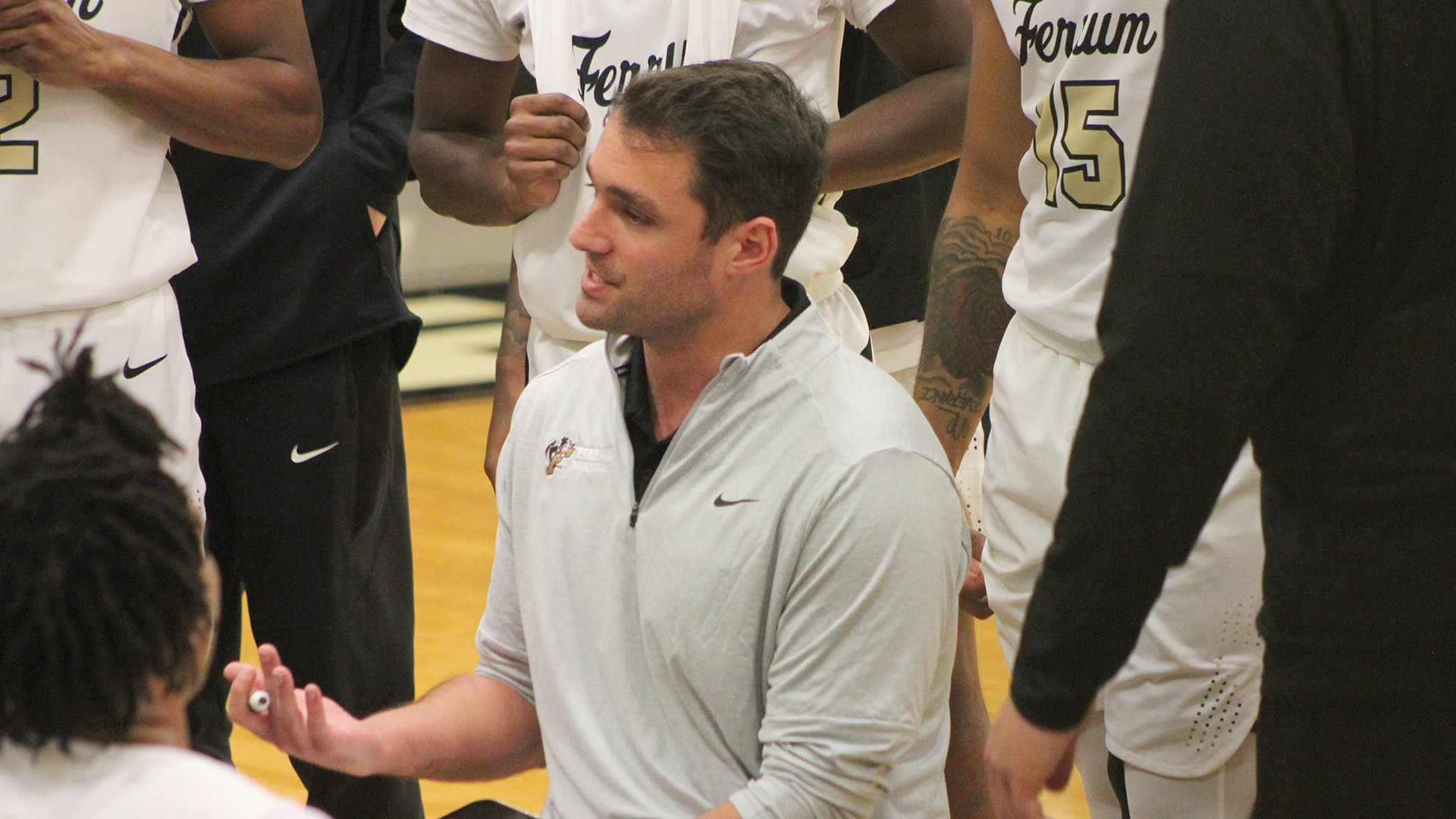 Coach Patrick Corrigan in action during the 2025-26 Ferrum College men's basketball season. 