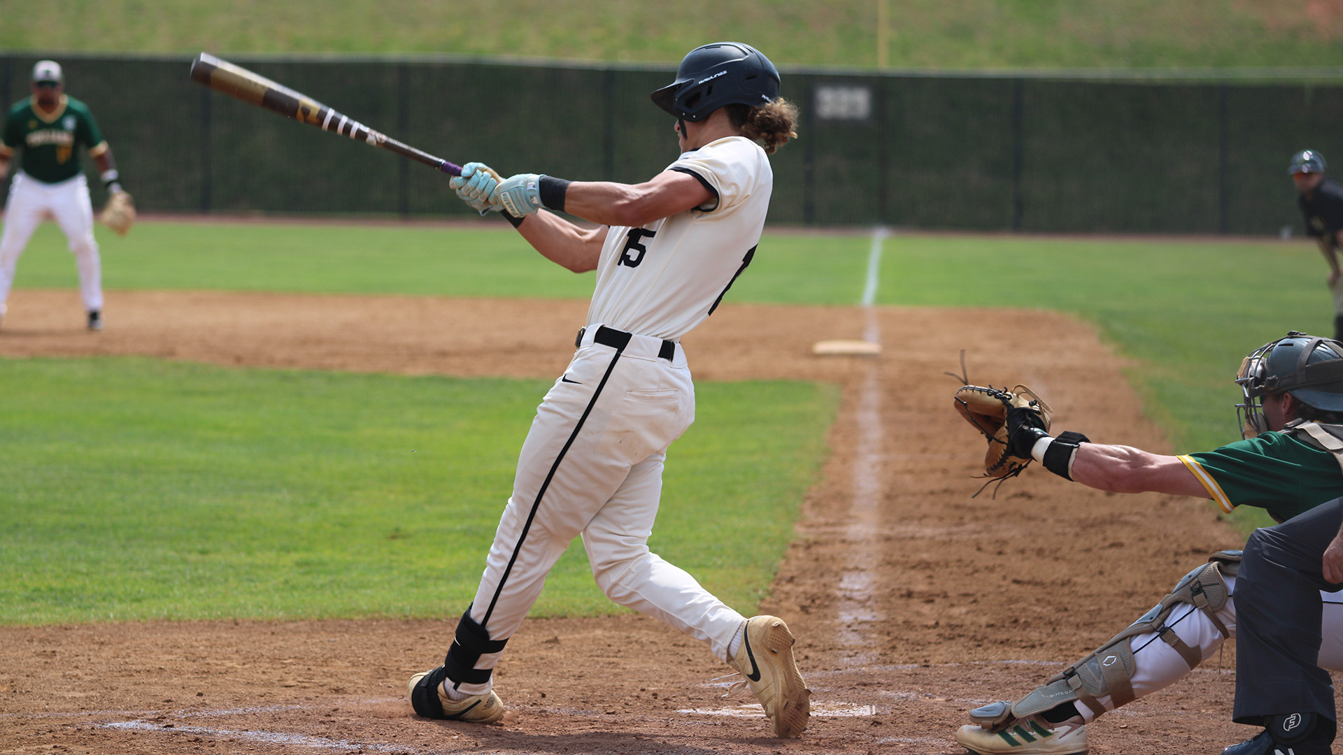 Eli Elliott connects for a base hit for Ferrum on April 25, 2026.