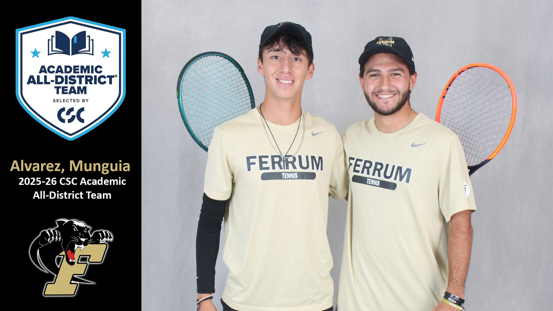 Ferrum's Emilio Munguia (left) and Gabriel Alvarez were named to the 2025-26 CSC Men's Tennis Academic All-Disctict Team.