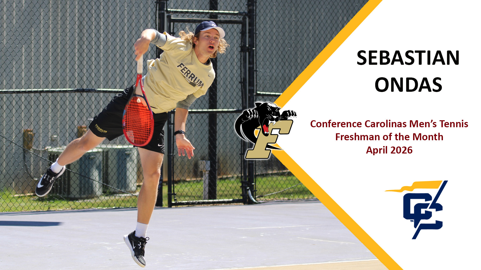 Ferrum's Sebastian Ondas was named Conference Carolinas Men's Tennis Freshman of the Month in April 2026.