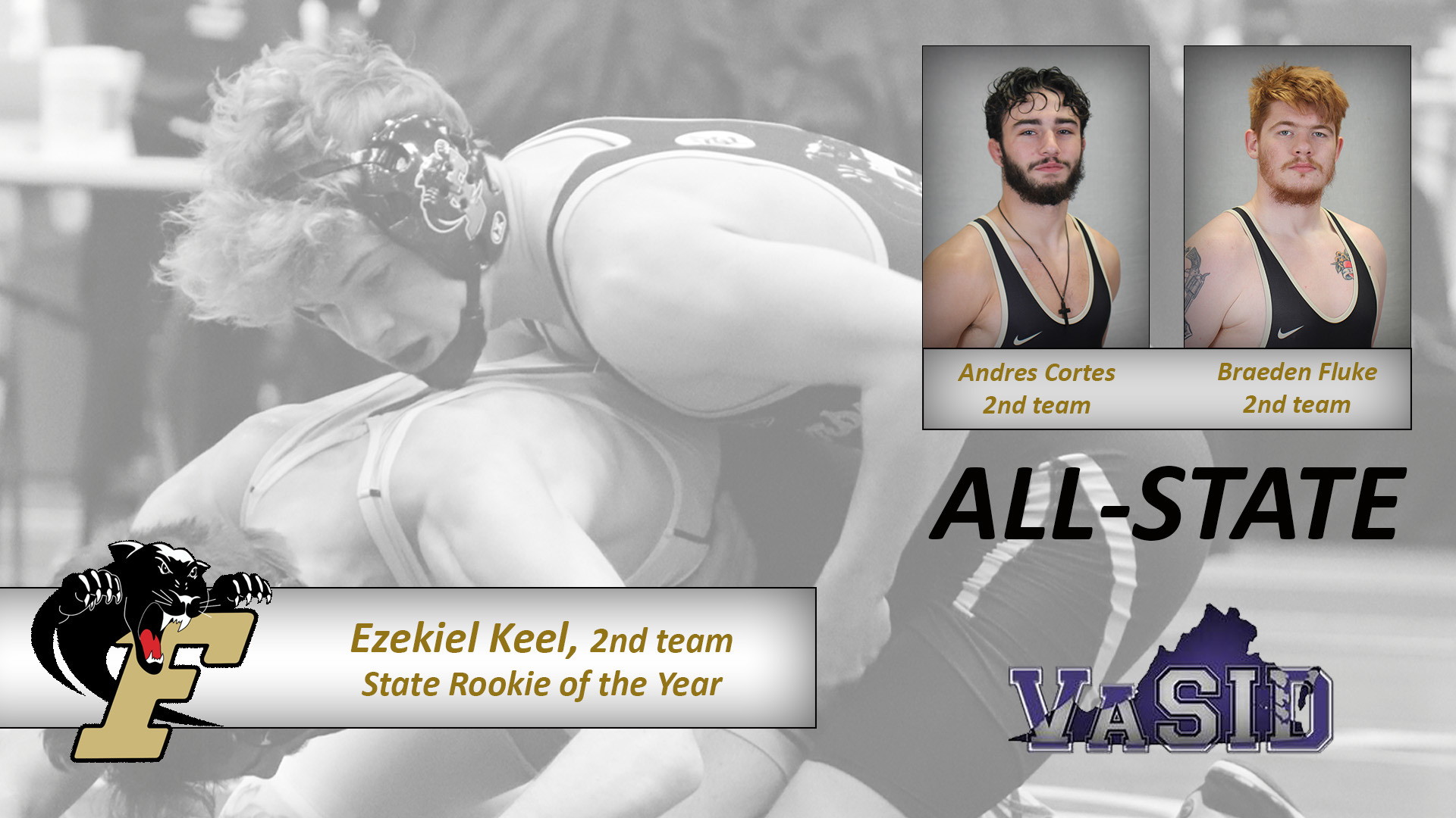 Ezekiel Keel, Andres Cortes, and Braeden Fluke were named to the 2026 Virginia Sports Information Director All-State Wrestling Team. 