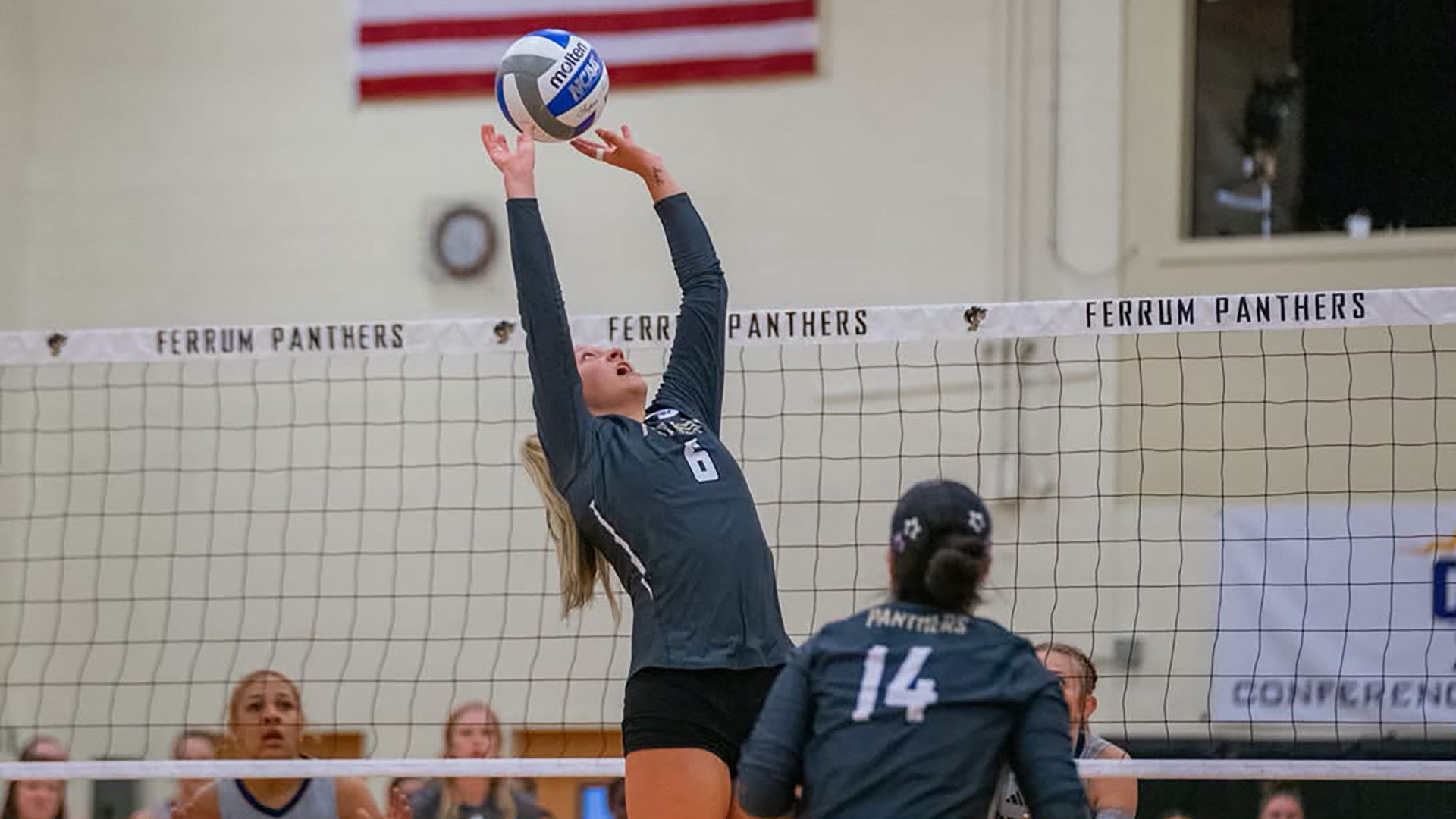 Harleigh Propst goes up for a set in Ferrum's volleyball home opener on August 29, 2026. 