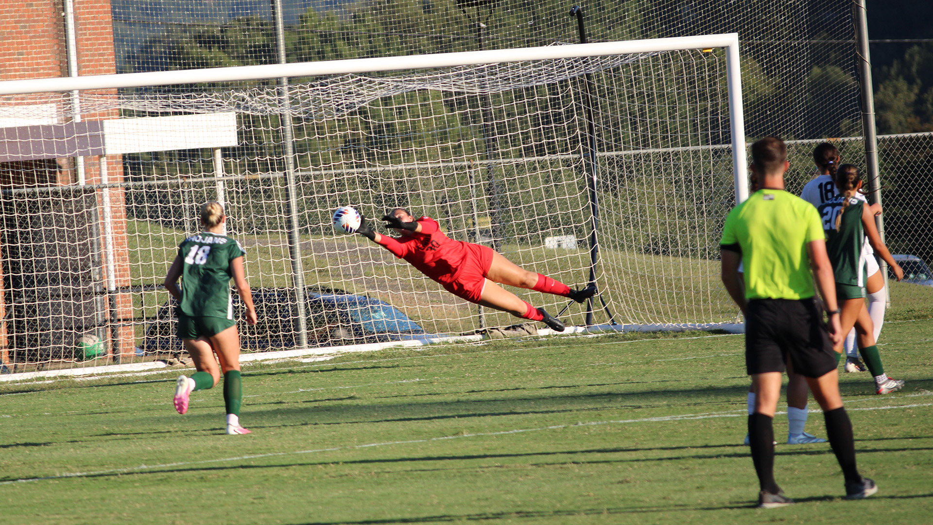 Goalkeeper Kailyn Myers makes a diving save for the Panthers at home against Mount Olive September 16, 2026. 