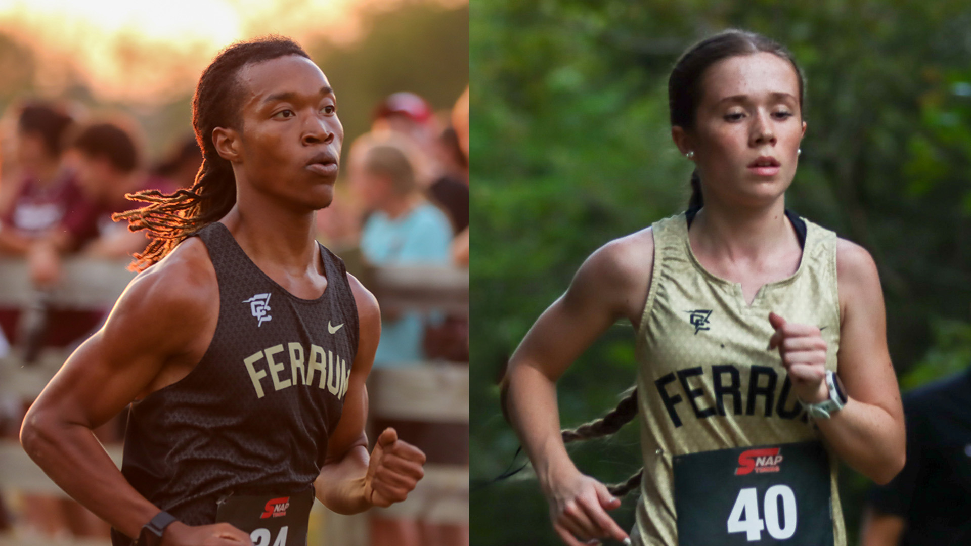 Damani Veney-Epps and Riley Waldron in action during the 2026 Ferrum cross country season.