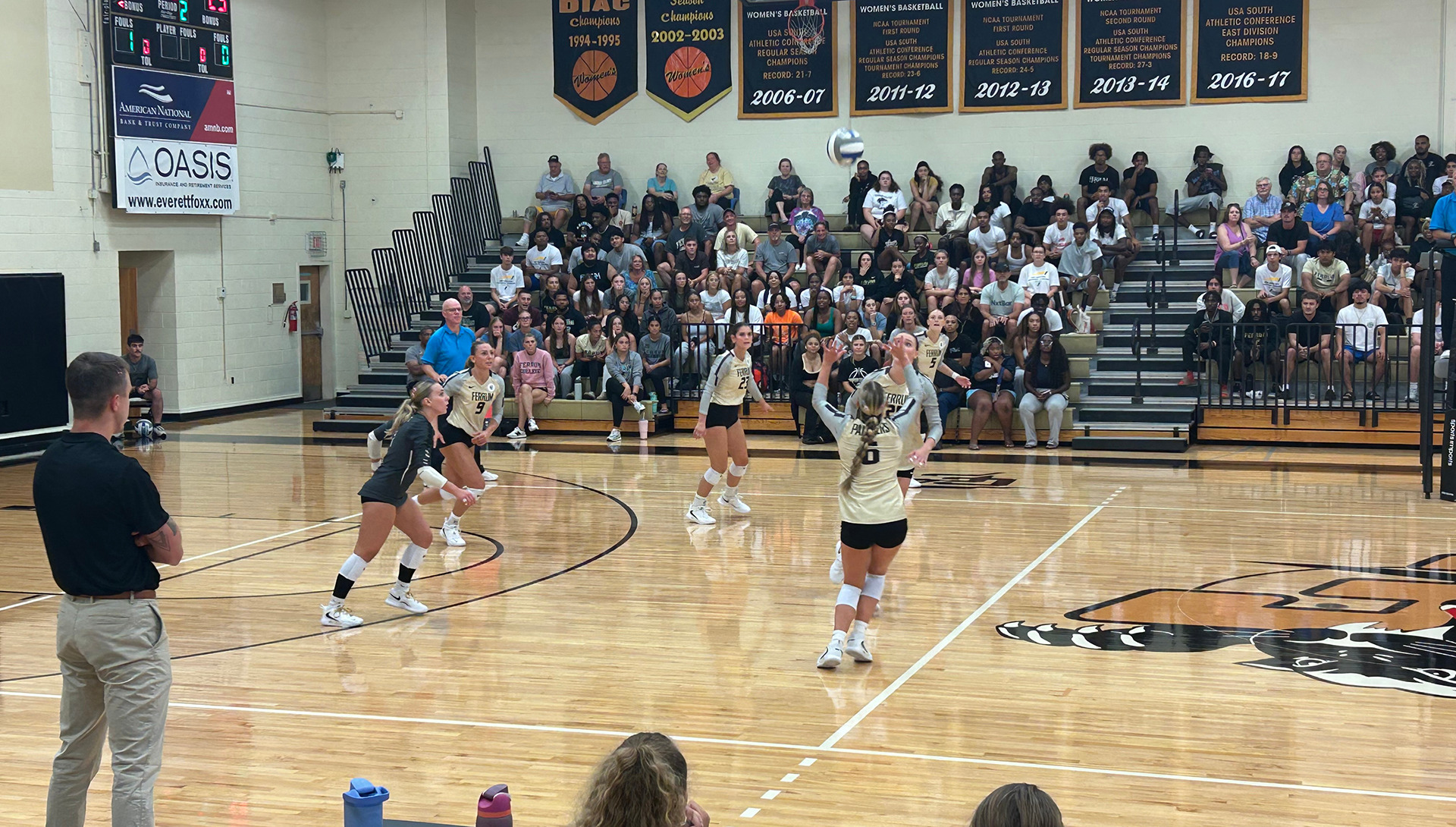 Harleigh Propts gets set to make one of her 19 assists in Ferrum's Sept. 2, 2026 home match vs. Concord.