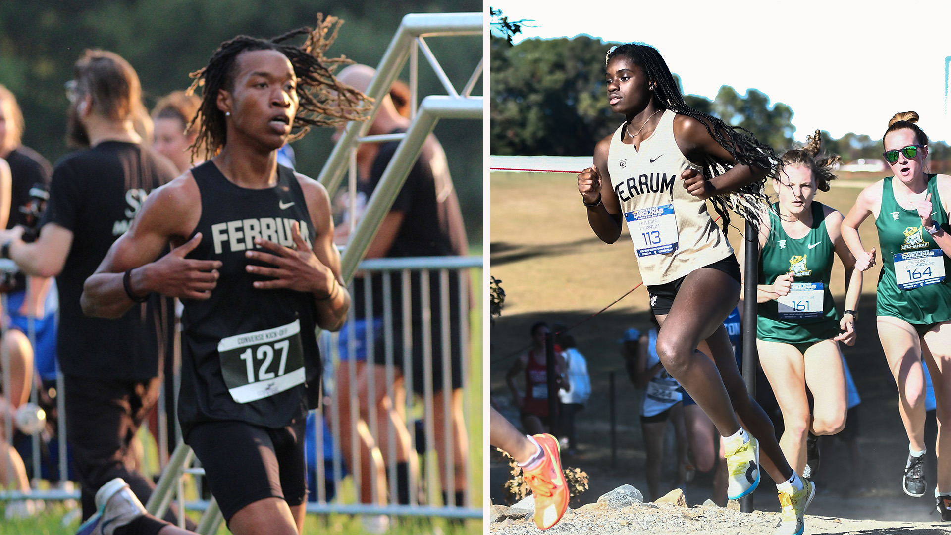 Damani Veney-Epps and Sarah Hudgins compete for Ferrum  in a 2025 cross country meet.