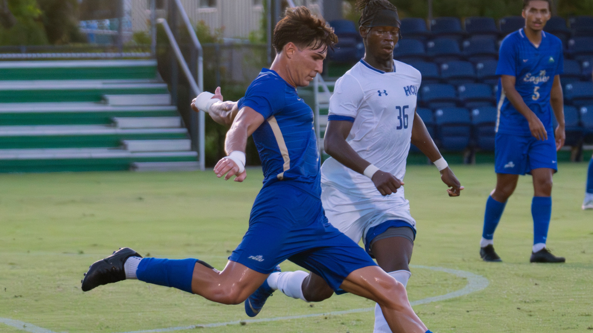 Victor Lopes swings to kick the ball against Houston Christian