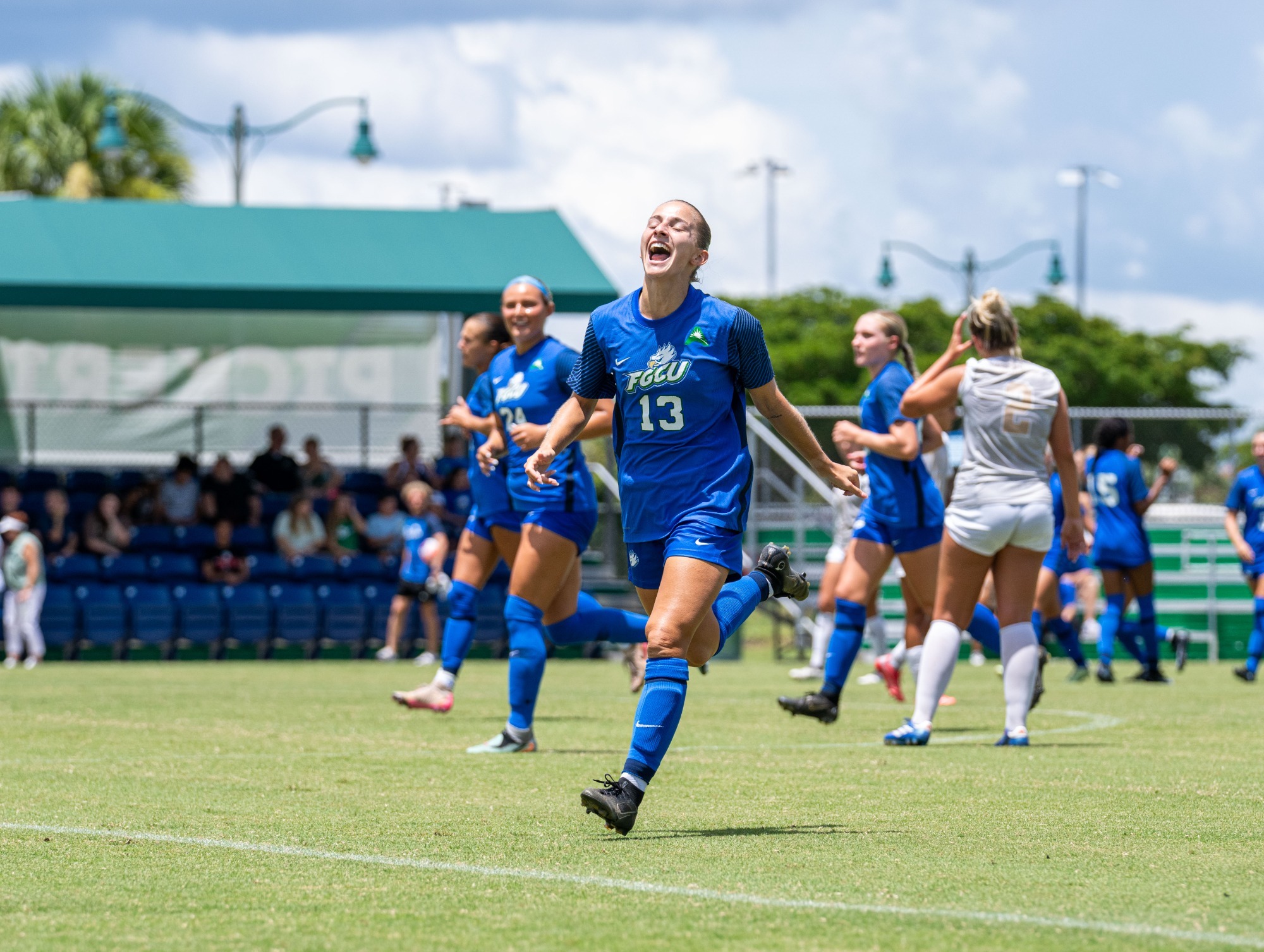 Erika Zschuppe celebrates a goal for FGCU women's soccer.