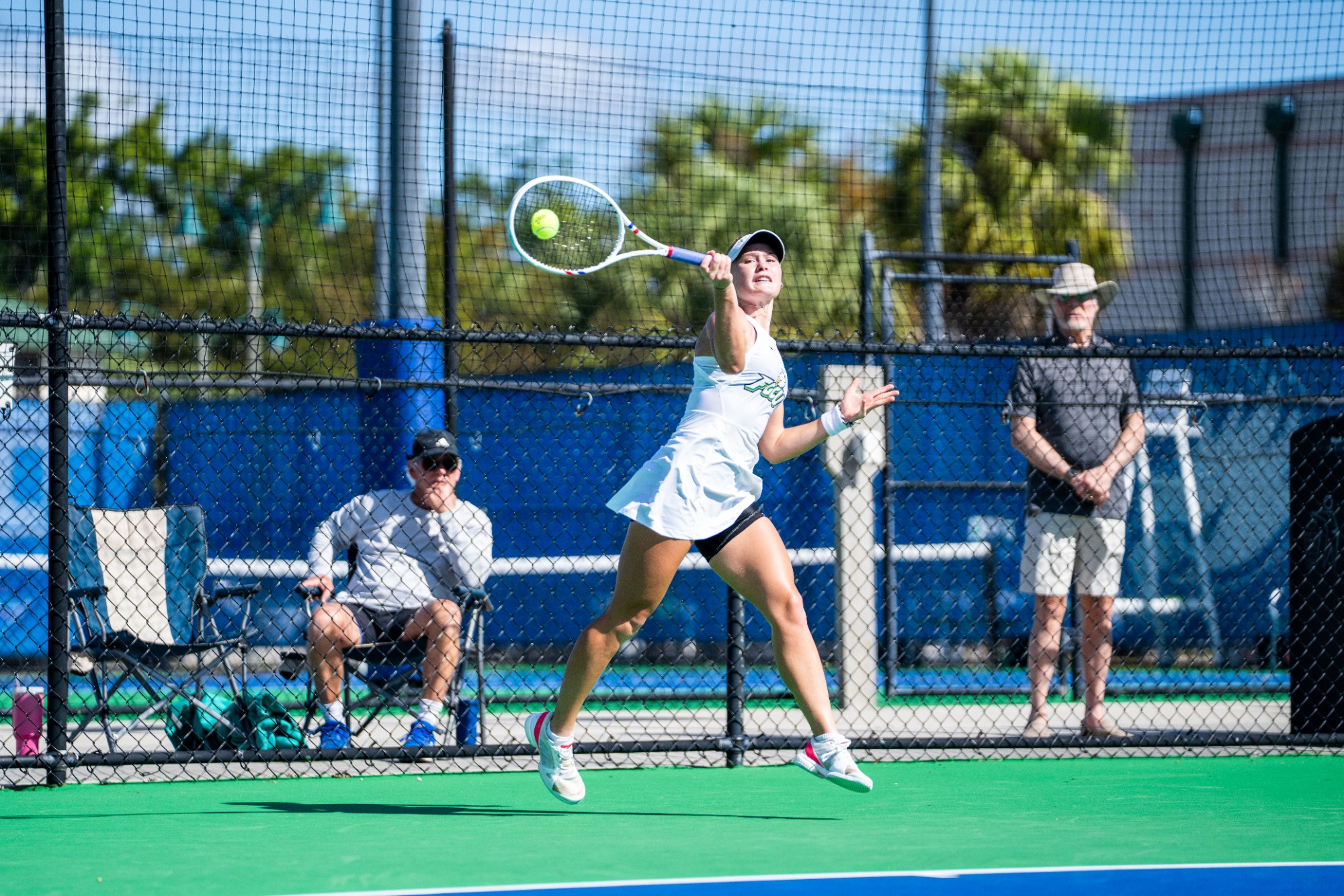 June Bjork plays against Middle Tennessee on Jan.  25, 2026 at the FGCU Tennis Complex in Fort Myers, Florida.