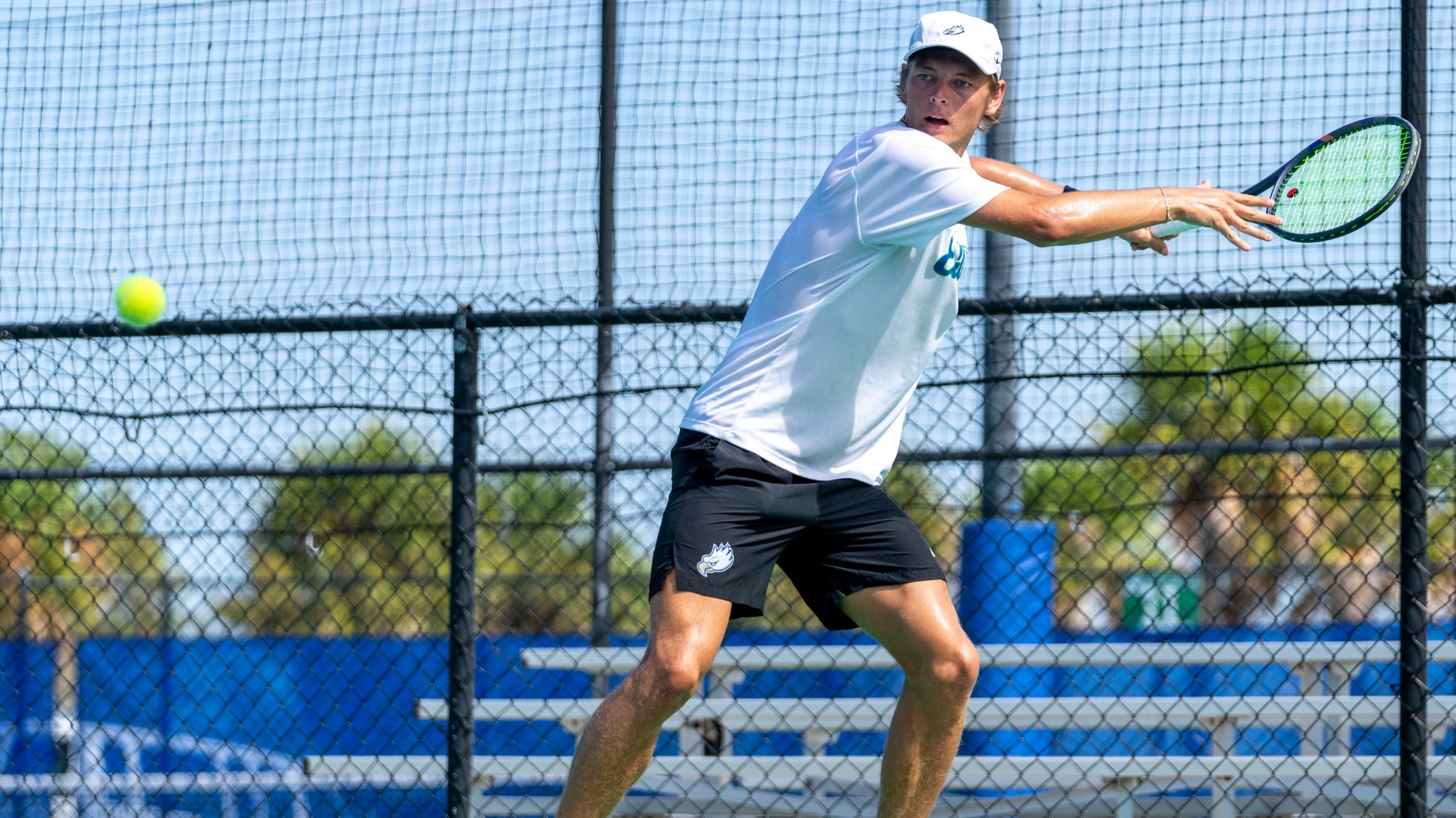 Tanner Povey hits a forehand in the Eagles first practice of the 2026-2027 season