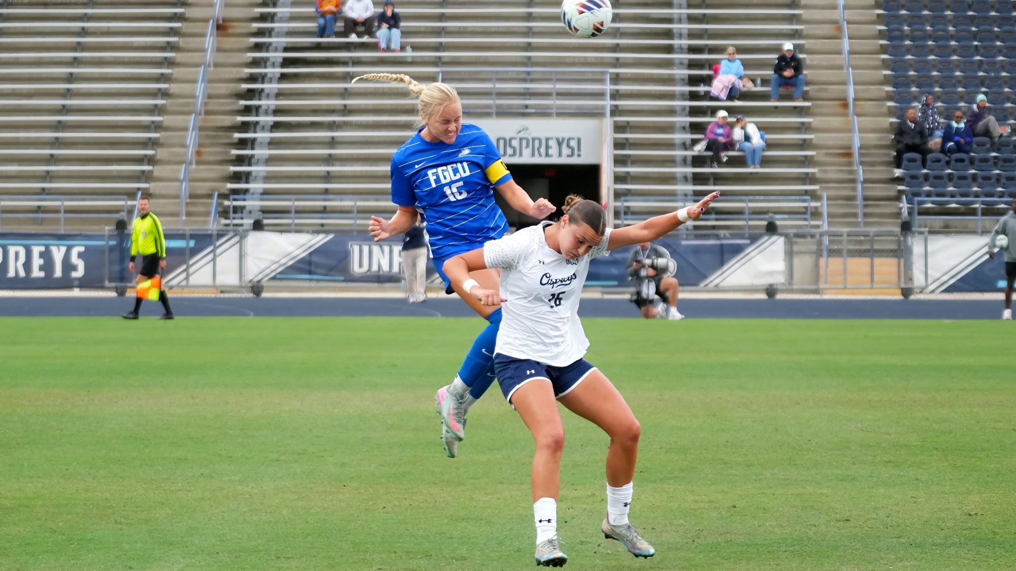 Hanna Phillips contests a ball in the air for FGCU against North Florida