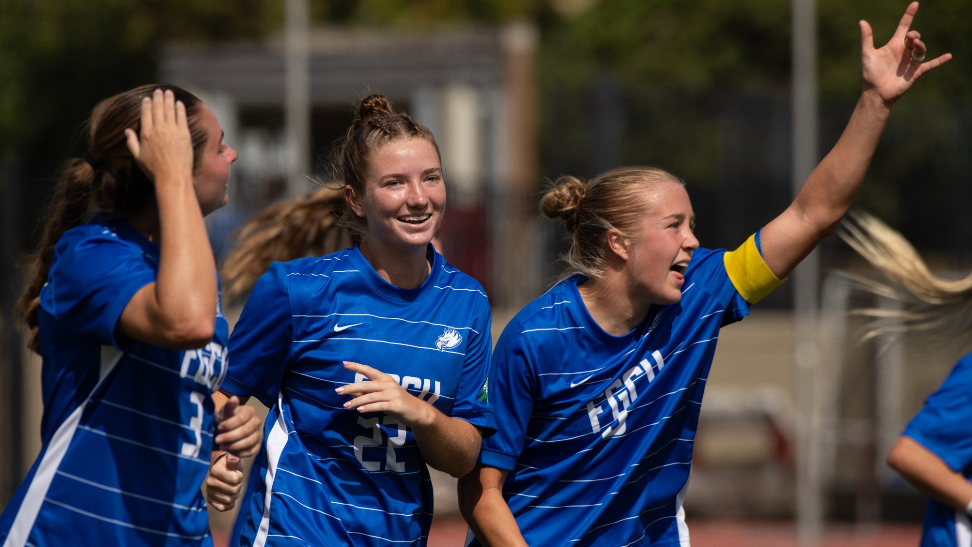 The Eagles celebrate the go ahead goal in Sunday's win over Bellarmine