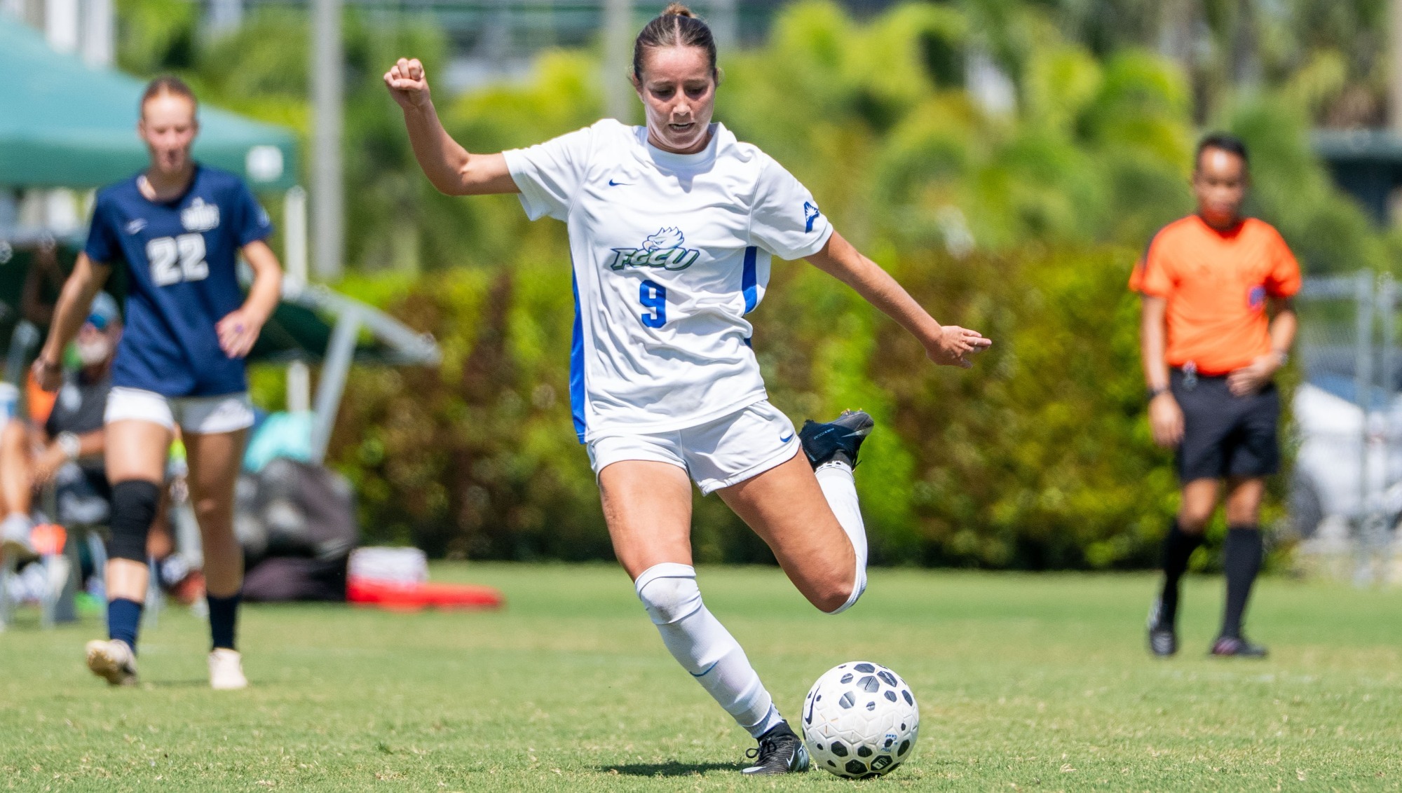 Tessa Brooks strikes the ball downfield against West Florida