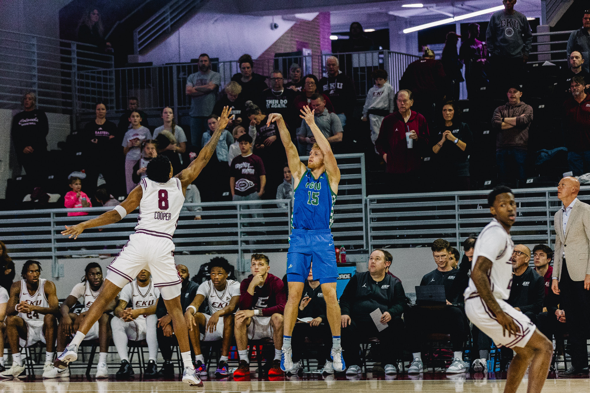 Michael Duax shoots a 3-pointer at EKU // Credit EKU Athletics