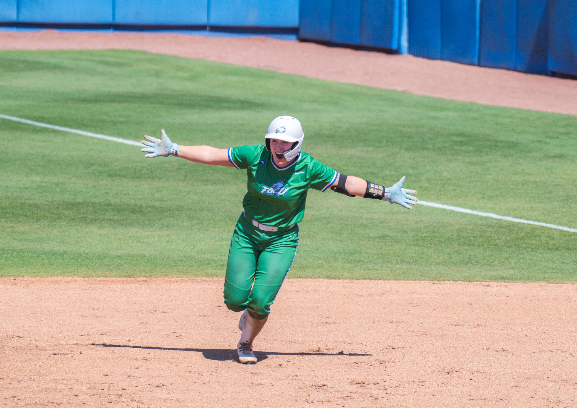 Sietske Drijvers celebrates after hitting a walk-off single against Stetson