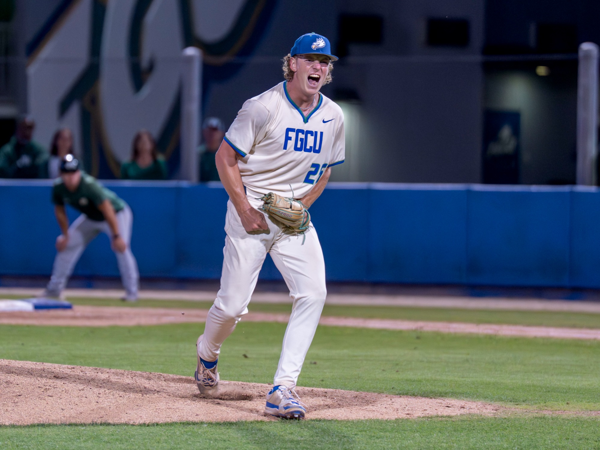 Evan Dempsey celebrates after recording one of his nine strikeouts against Jacksonville in the series opener at Swanson Stadium in Fort Myers.