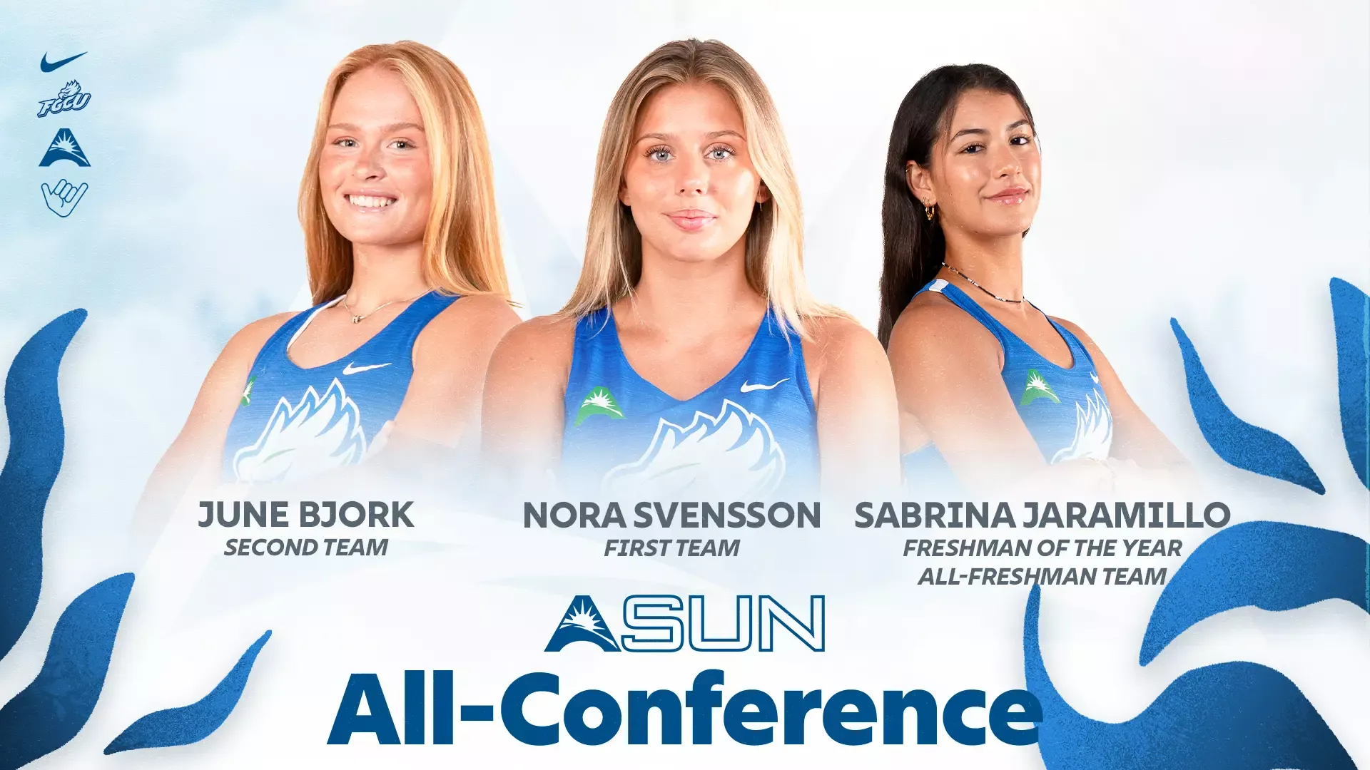 June Bjork, Nora Svensson, Sabrina Jaramillo All-Conference awards graphic