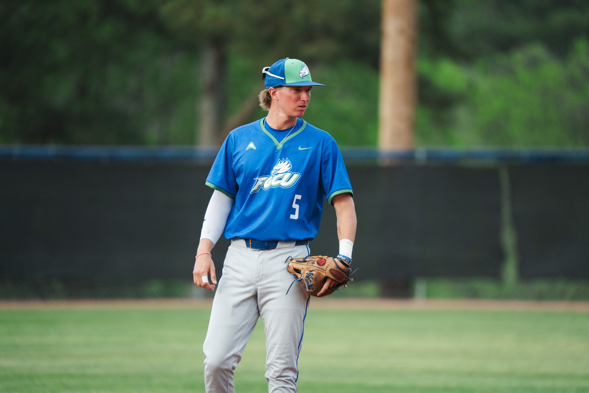 Keaton Kangas prepares for the next play as FGCU faces West Georgia in an Atlantic Sun Conference series at Cole Field in Carrollton, Georgia.