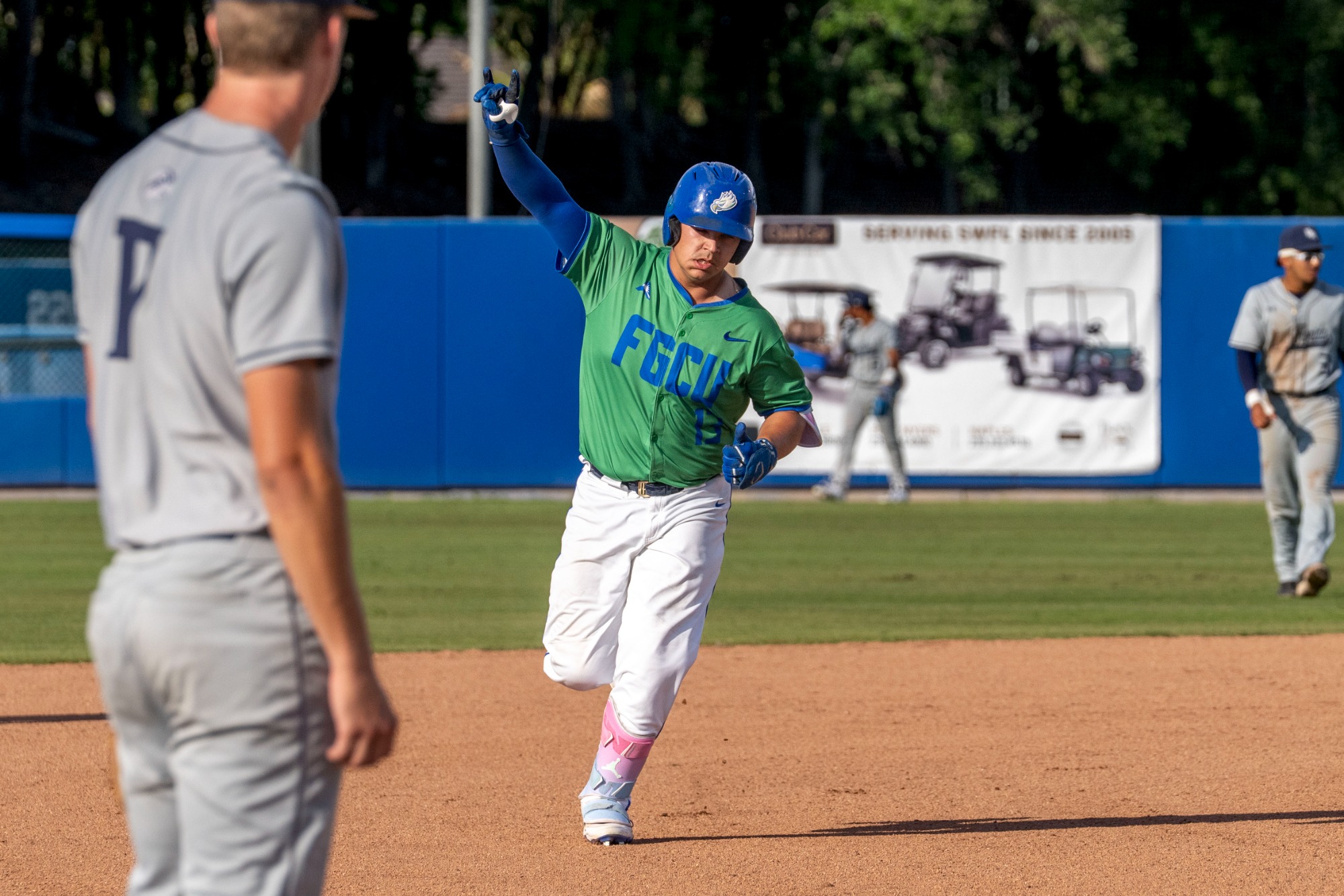 Javier Gorostola celebrates after hitting his 13th home run of the season as FGCU hosts North Florida in the second of a three-game Atlantic Sun Conference baseball series at Swanson Stadium in Fort Myers.