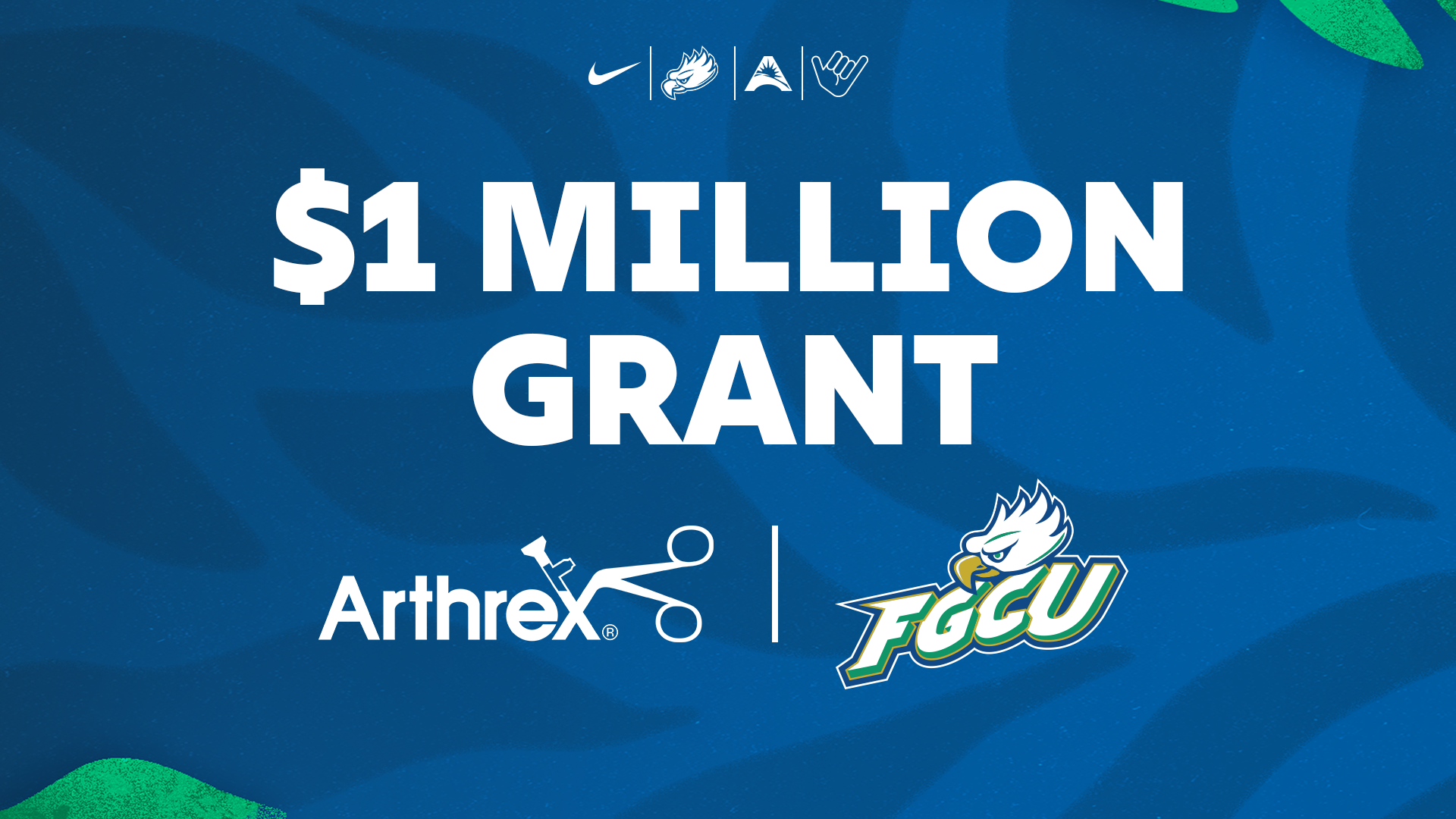 Graphic depicting Arthrex logo, FGCU logo and $1 Million Grant