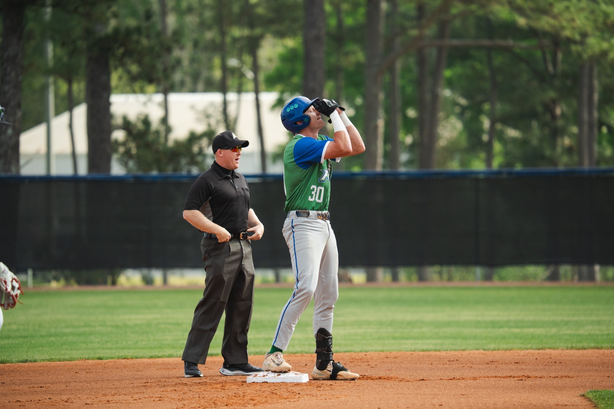 Jaret Nelson celebrates after driving in two runs on a double to left in the first inning as FGCU faces West Georgia in an Atlantic Sun Conference series at Cole Field in Carrollton, Georgia.