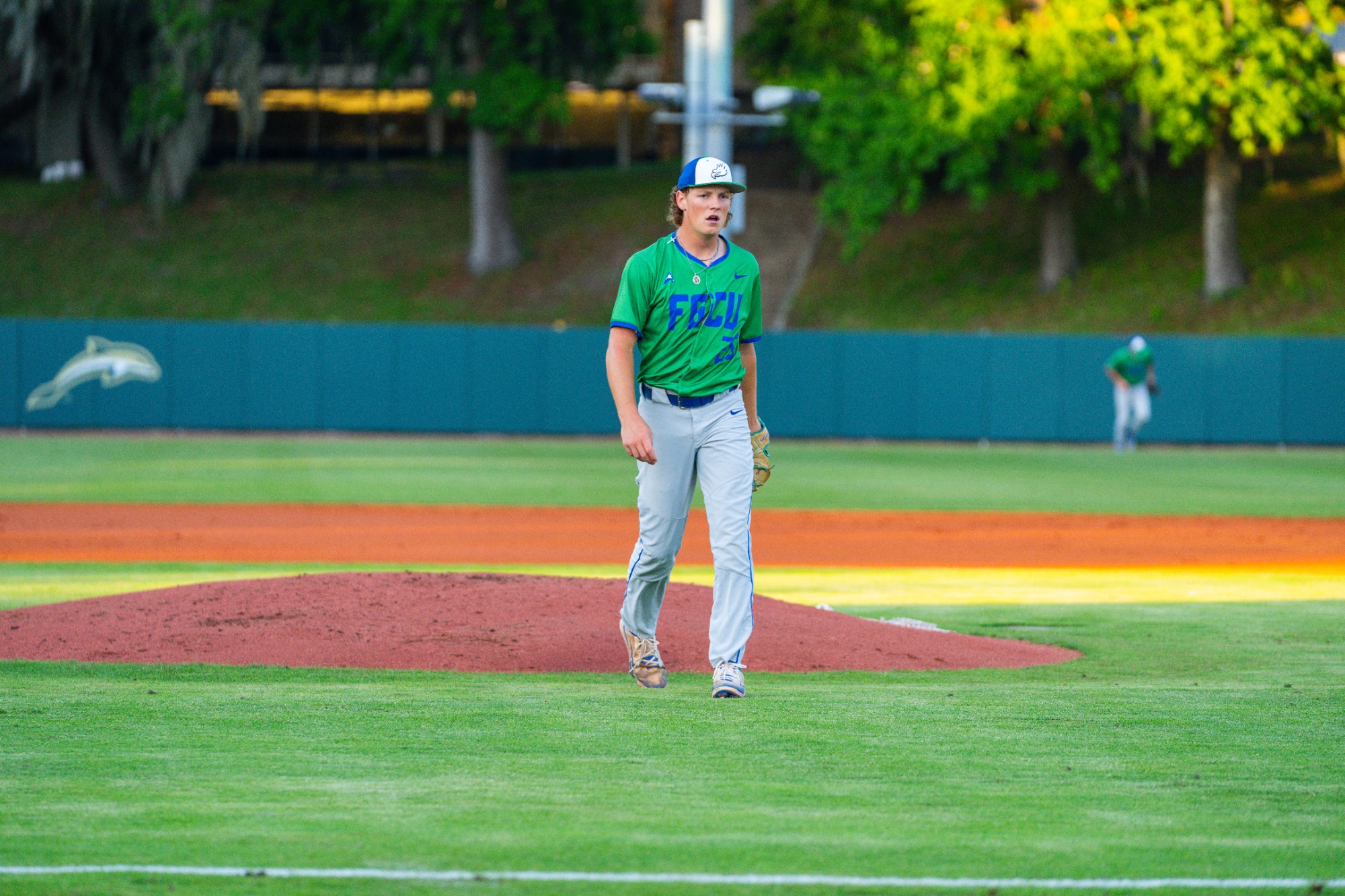 Evan Dempsey walks off the mound after a strikeout as FGCU plays at Jacksonville in the first of a three-game Atlantic Sun Conference series at John Sessions Stadium.