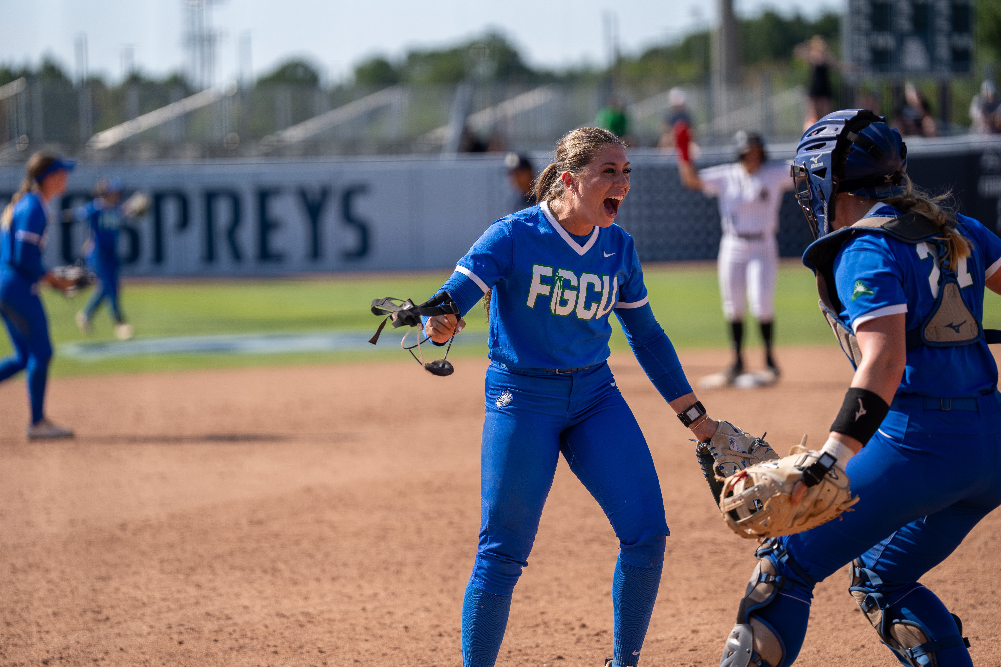 Julia Bacoulis celebrates after FGCU's win in the opening round of the 2026 ASUN Championship
