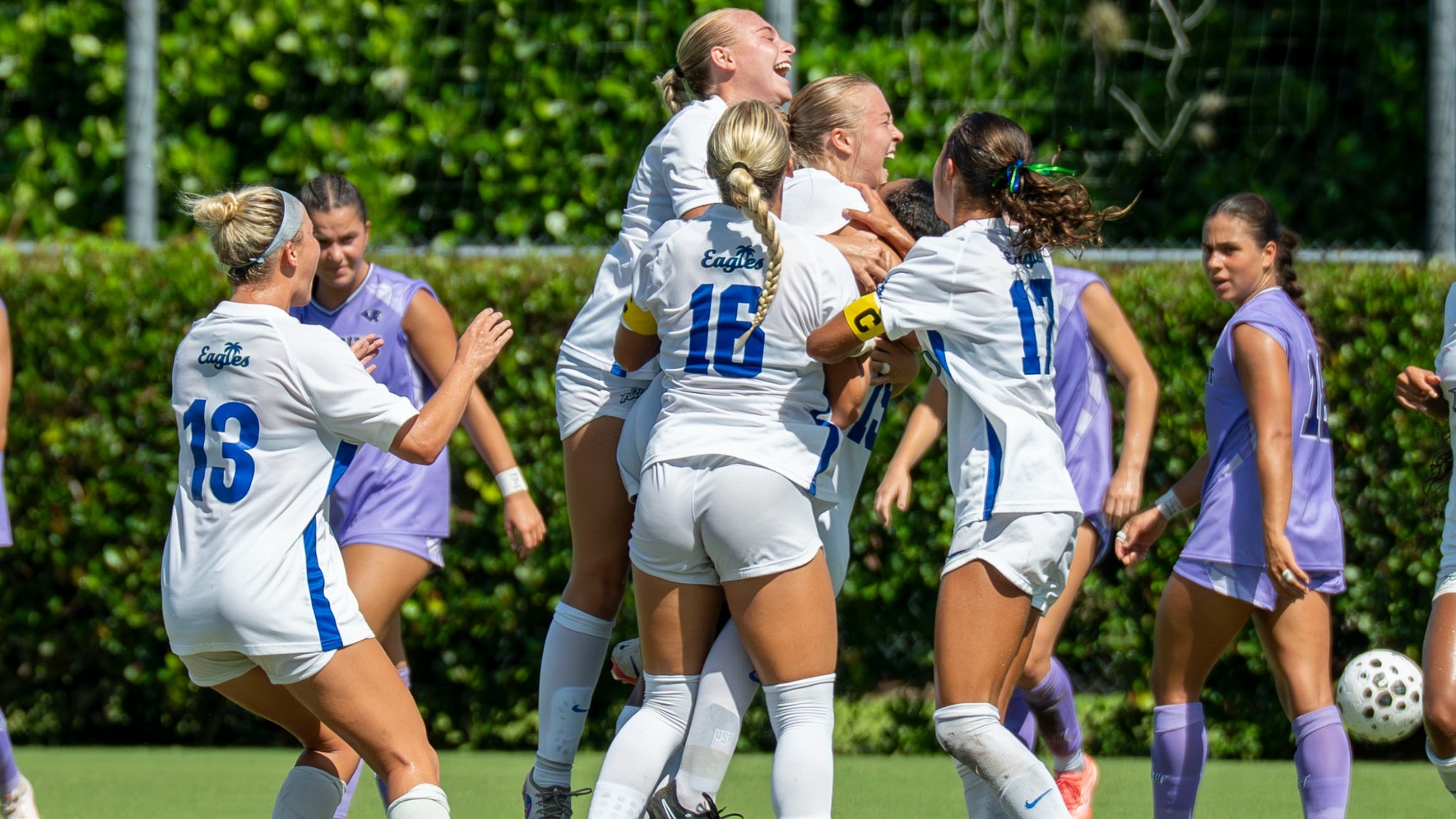 The Eagles celebrate their first goal Saturday vs. High Point