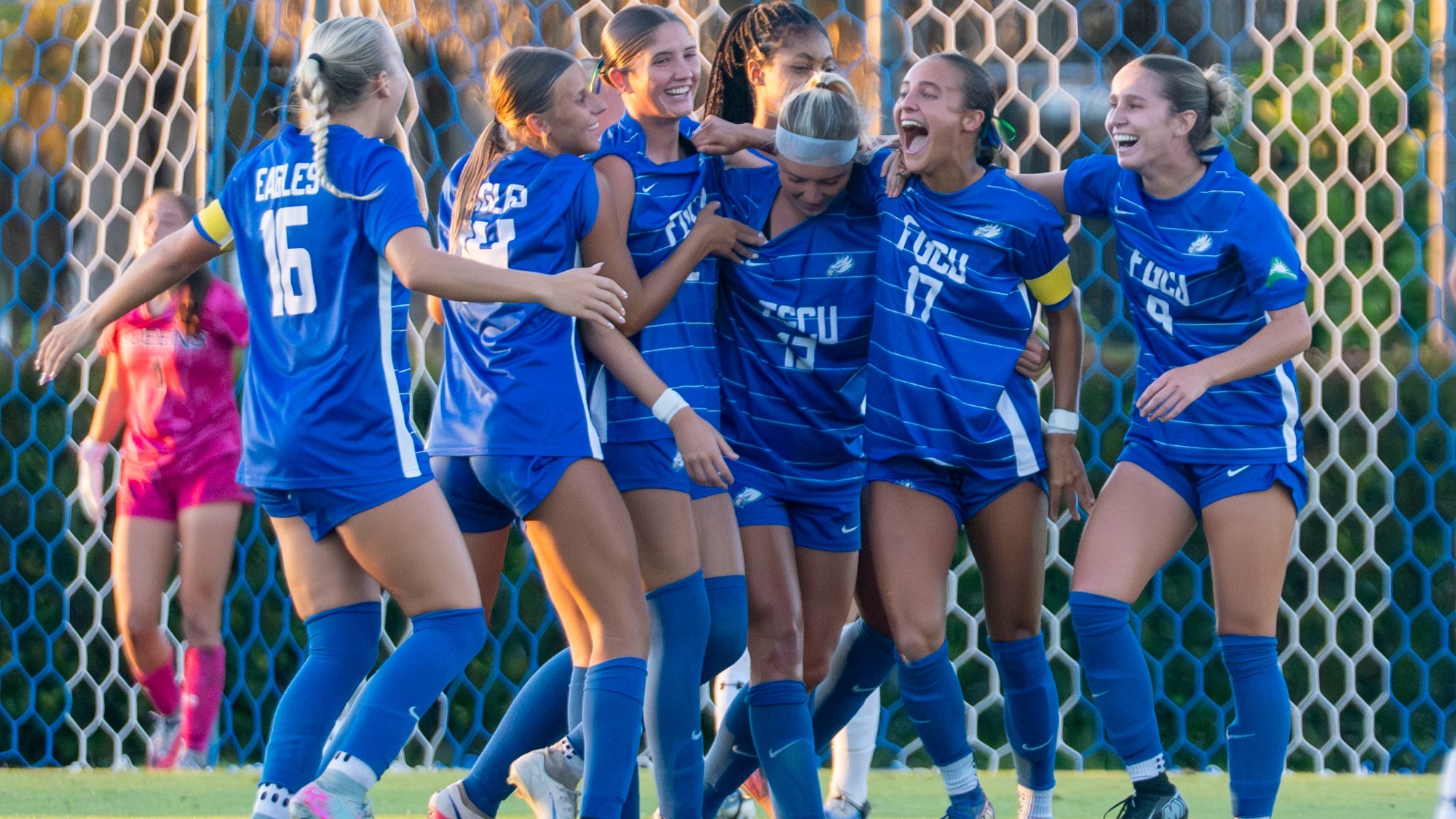 The Eagles celebrate a goal in their ASUN opening win over Queens