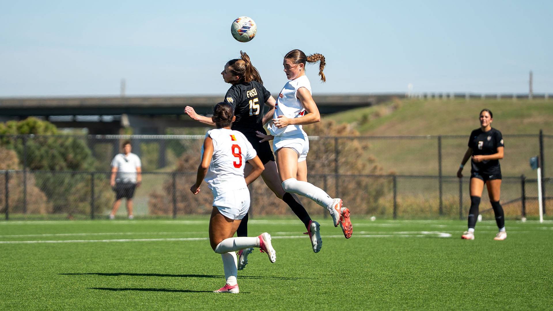 Lily Marshall heads a ball against Pittsburg State 10-11-26