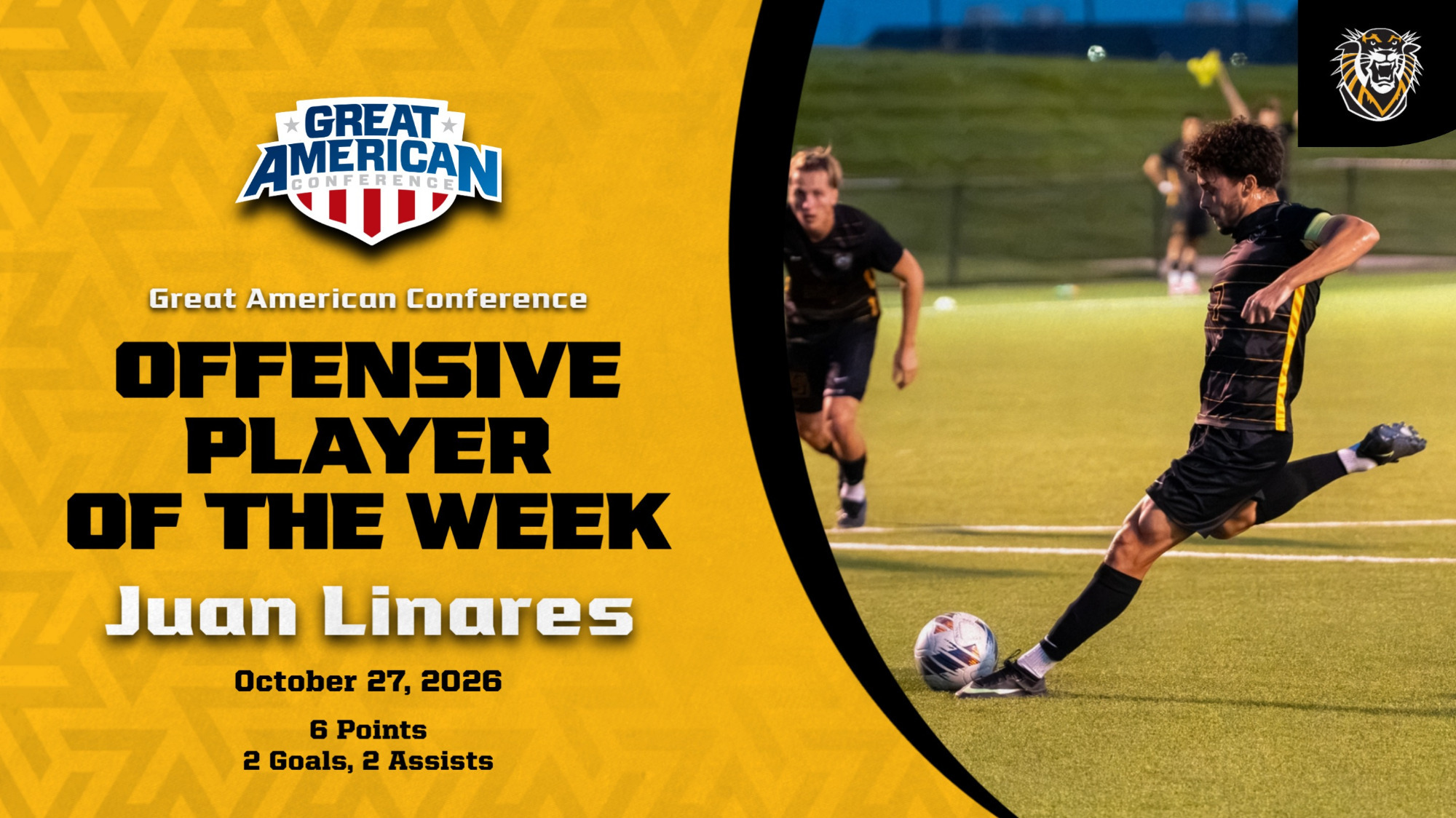 Men's Soccer Offensive Player of the Week 10-27-26 graphic