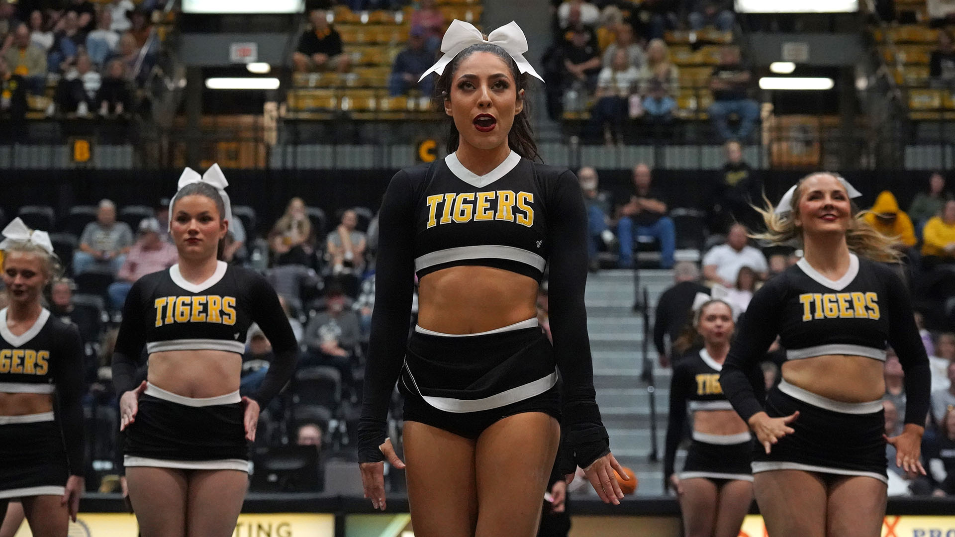 FHSU Cheer squad in action at an FHSU Basketball game
