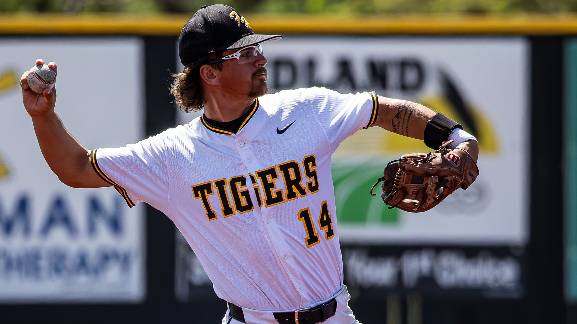 Jaxon Schleper throws a ball to first base during a game with Central Missouri at Larks Park