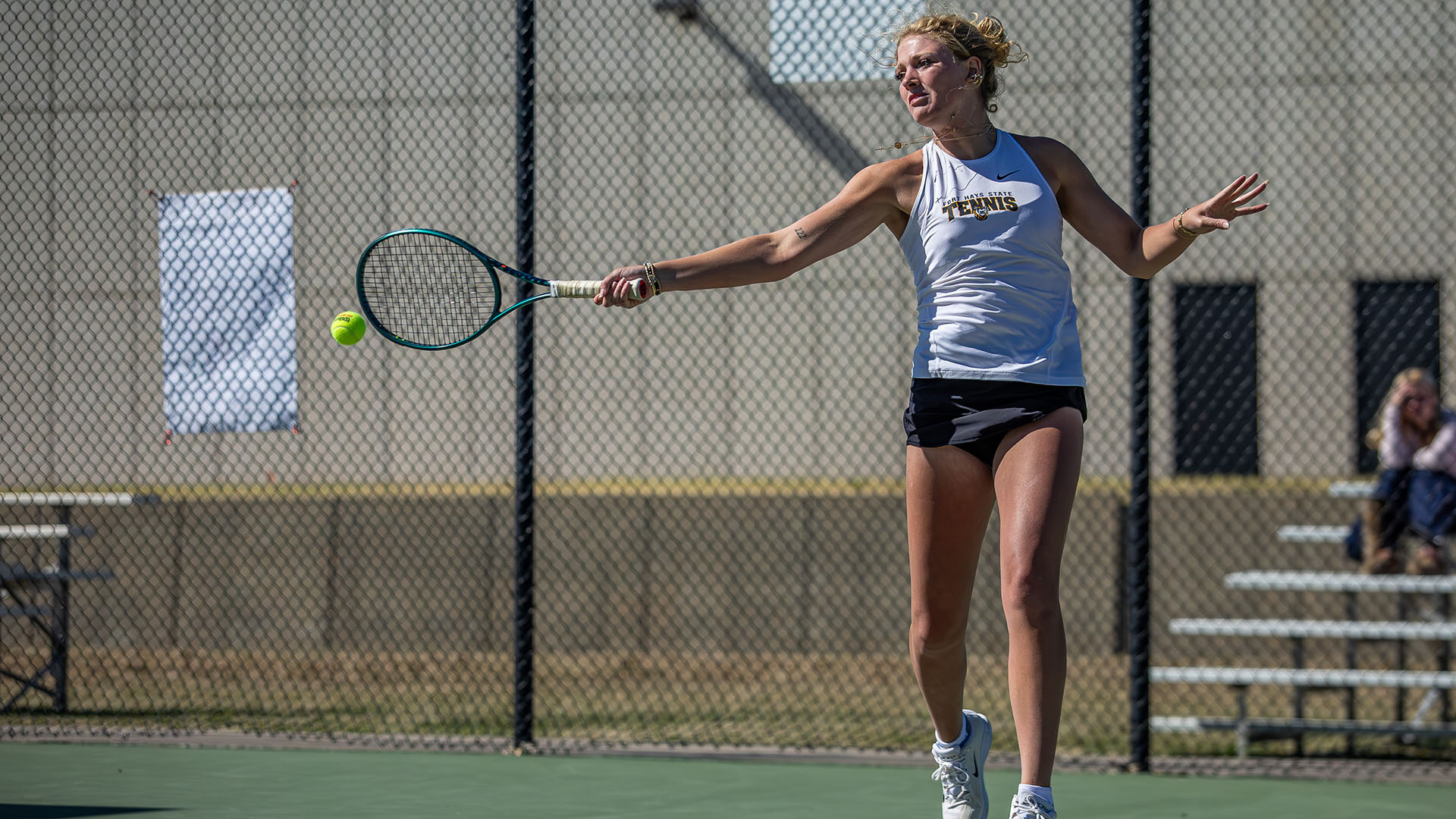 Molly Gaddis hits a shot during a match with Northwest Missouri State in Hays