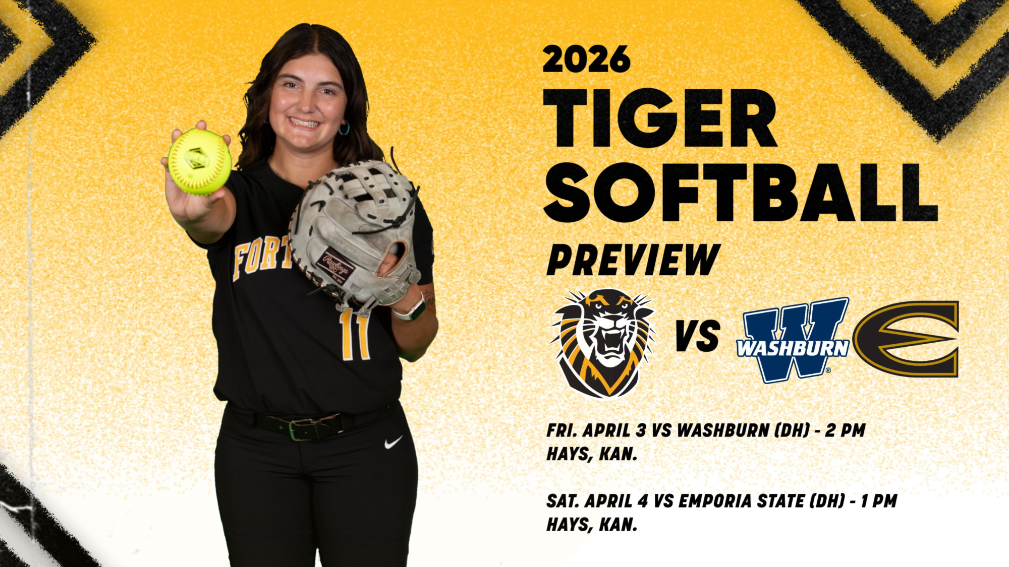 FHSU Softball Preview Graphic - Audrey Gillespie pictured holding a ball