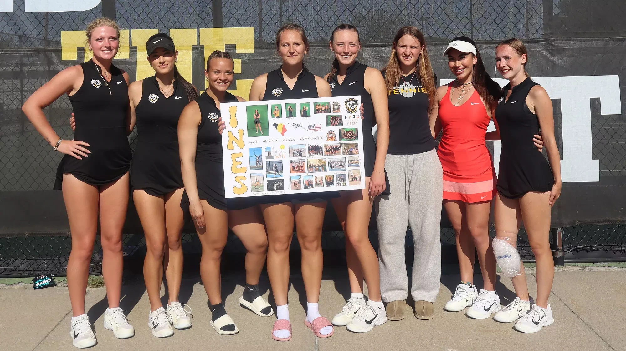 Women's tennis team gathers for Senior Day photo prior to match with Central Oklahoma