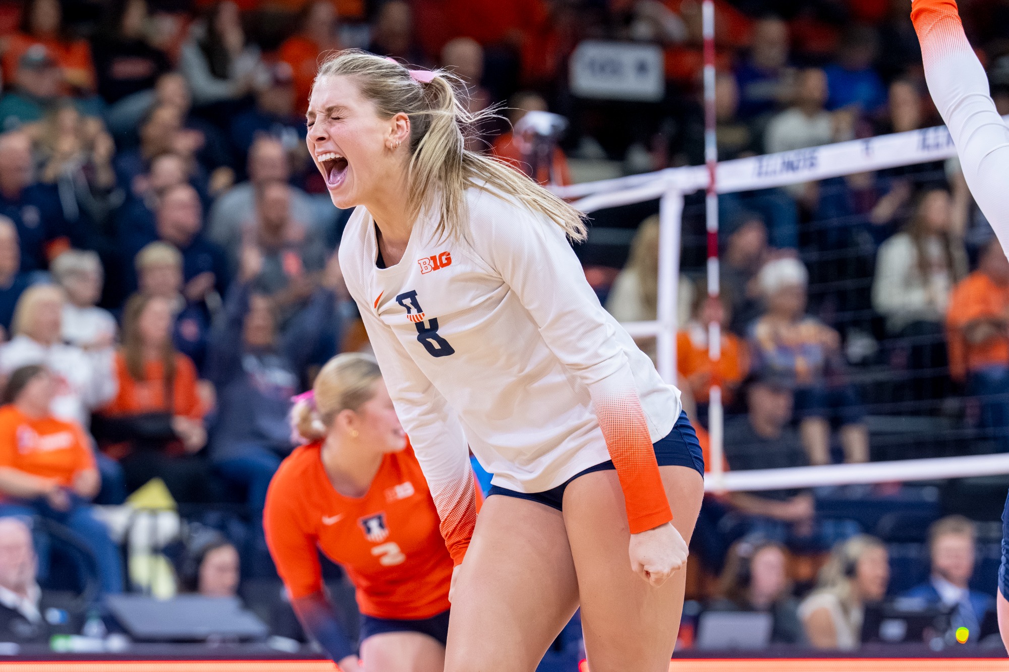 CHAMPAIGN, IL - November 09, 2025 - Outside Hitter/Opposite Hitter Averie Hernandez (#8) during the match between the Penn State Nittany Lions and the Illinois Fighting Illini at Huff Hall in Champaign, IL. Photo By Ashley Ray/Fighting Illini