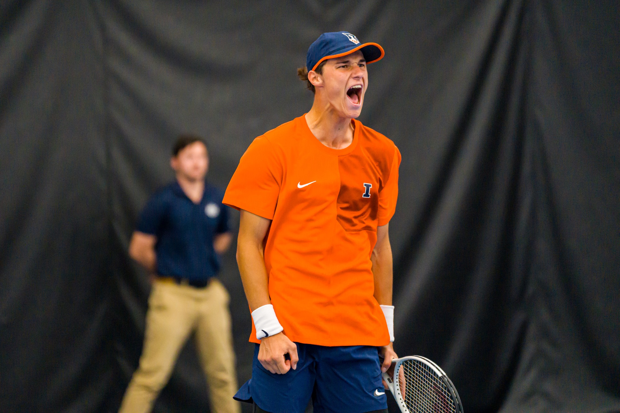 CHAMPAIGN, IL - January 16, 2026 - Gabriel Debru during the match between the Mississippi State Bulldogs and the Illinois Fighting Illini at Atkins Tennis Center in Champaign, IL. Photo By Lucas Sun
