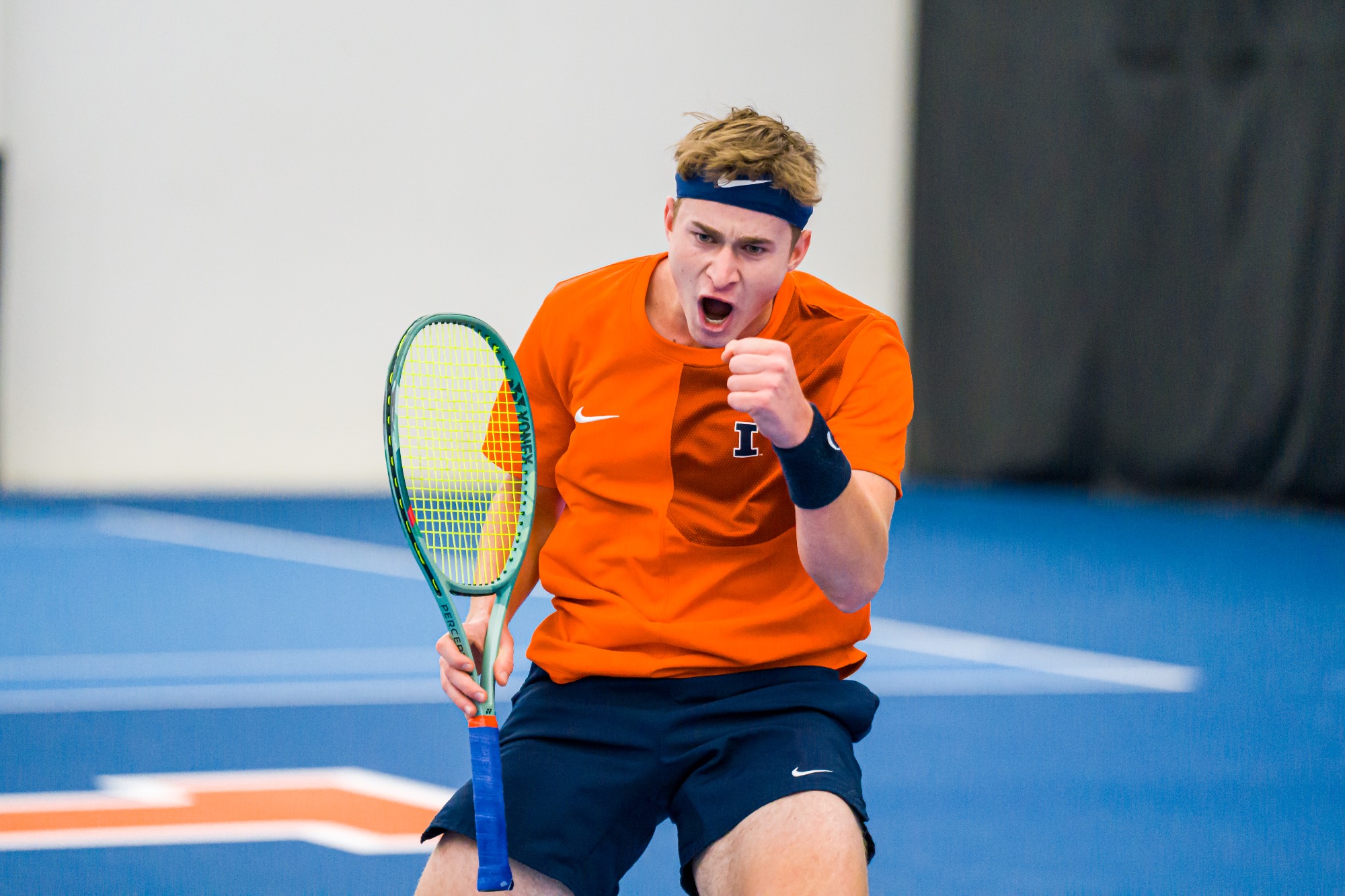 CHAMPAIGN, IL - January 16, 2026 - Adam Jilly during the match between the Mississippi State Bulldogs and the Illinois Fighting Illini at Atkins Tennis Center in Champaign, IL. Photo By Lucas Sun