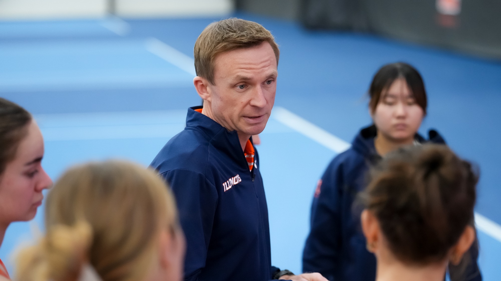 CHAMPAIGN, IL - January 24, 2026 - Head Coach Evan Clark during the match between the Miami (OH) RedHawks and the Illinois Fighting Illini at Atkins Tennis Center in Champaign, IL. Photo By Ashley Ray/Fighting Illini