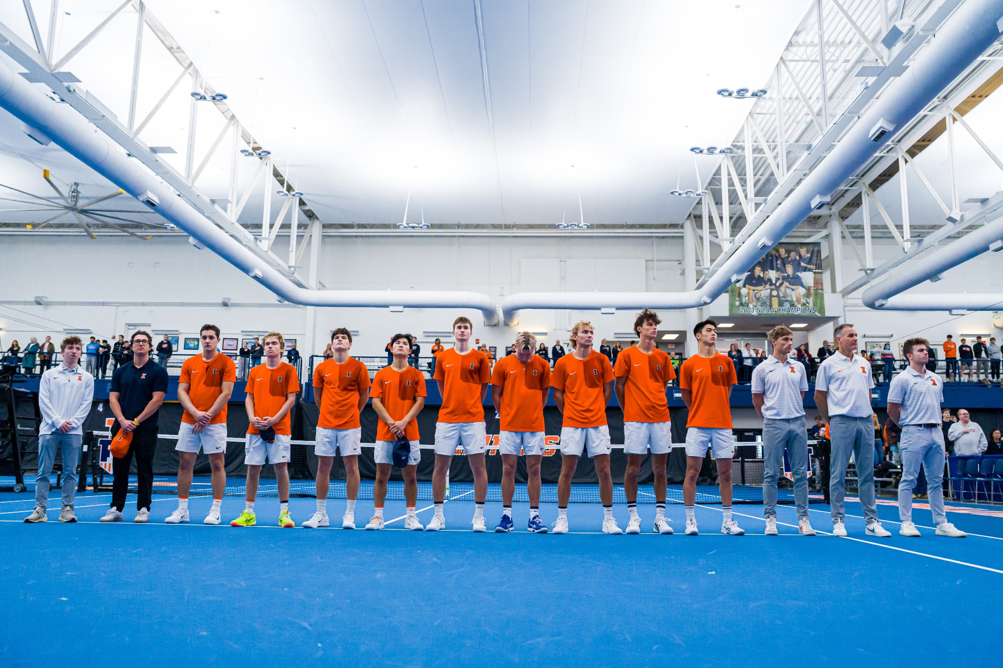 CHAMPAIGN, IL - February 22, 2026 - The Fighting Illini  during the match between the North Carolina Tar Heels and the Illinois Fighting Illini at Atkins Tennis Center in Champaign, IL. Photo By Lucas Sun